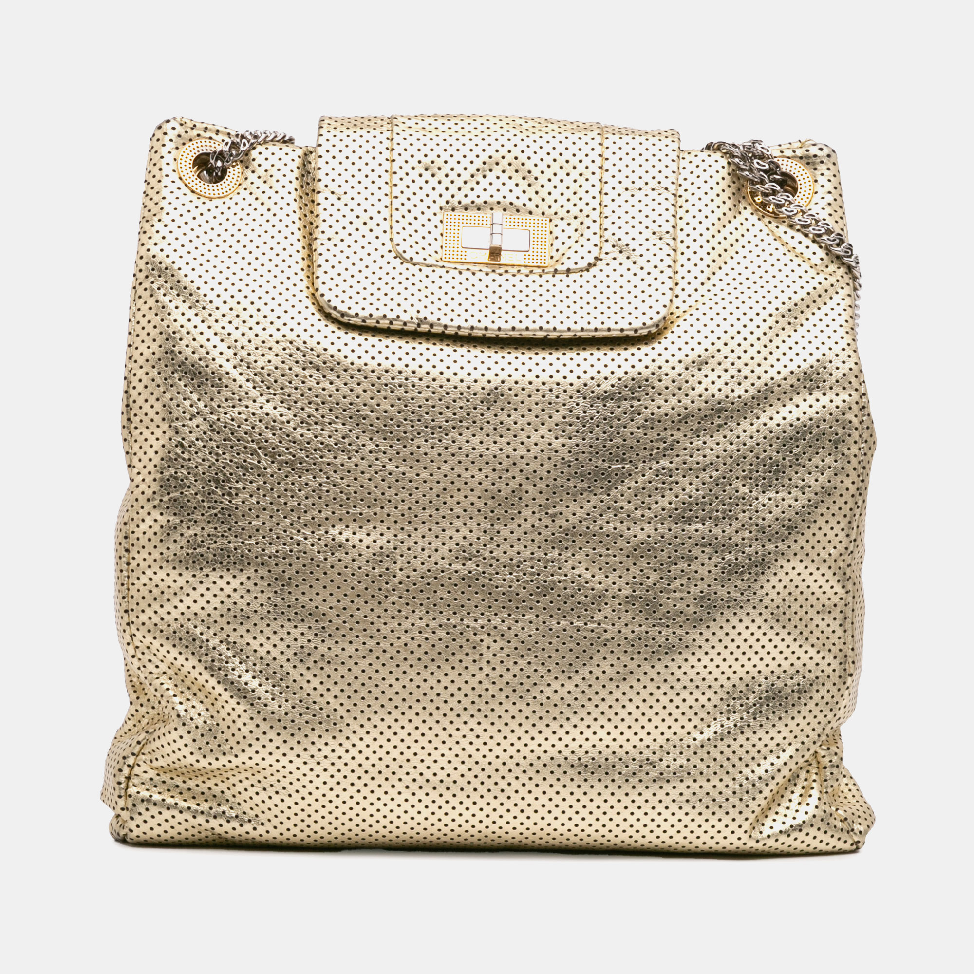

Chanel Gold Perforated Crackled Metallic Calfskin Drill Tote