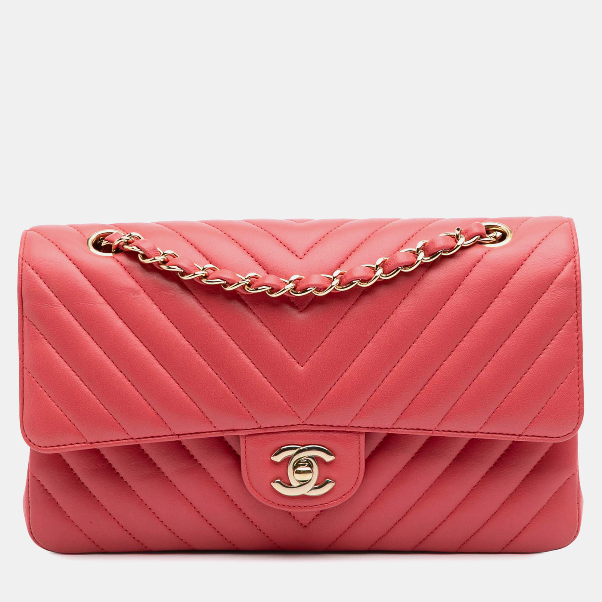 

Chanel Pink Medium Classic Chevron Lambskin Double Flap