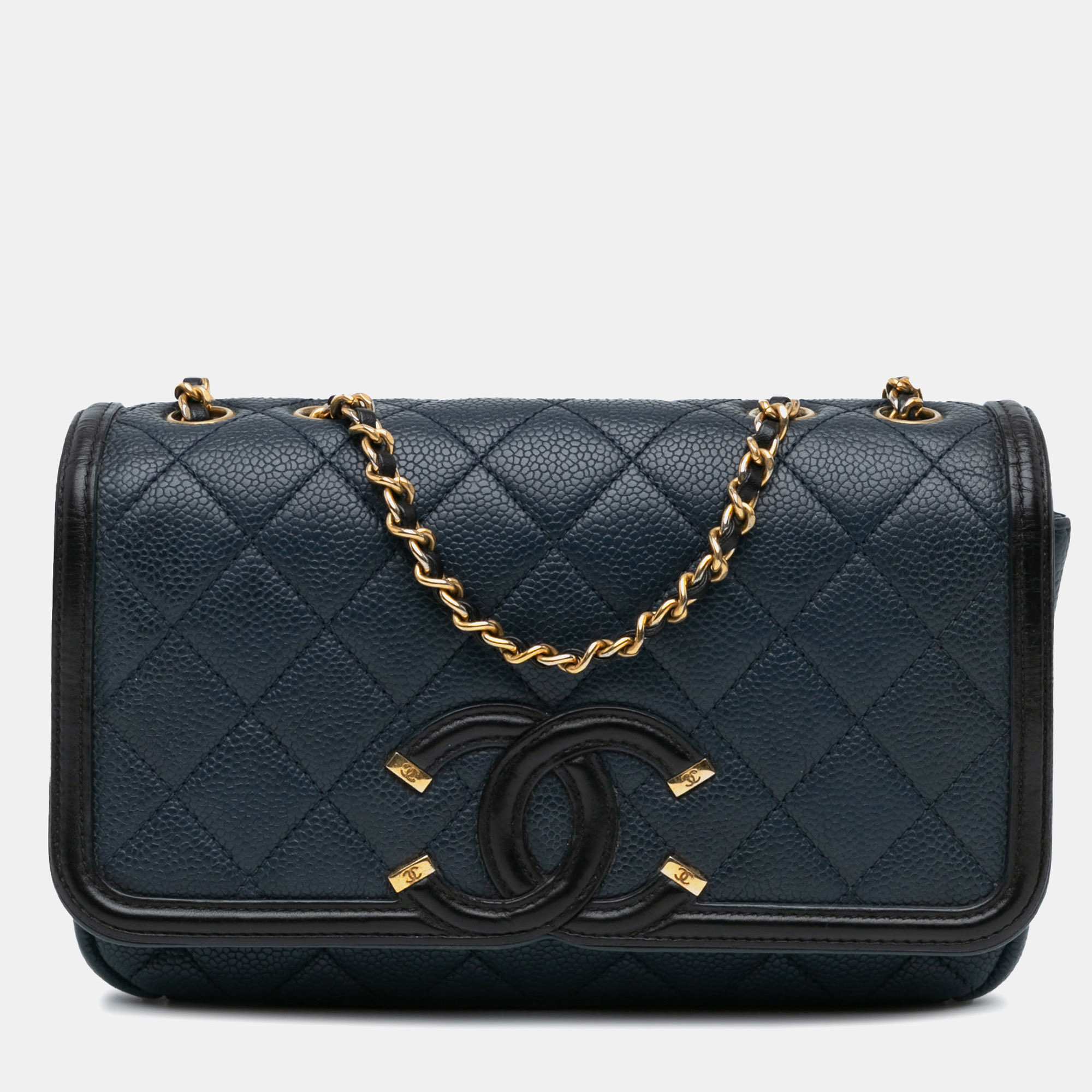

Chanel Black Blue Small Bicolor Caviar CC Filigree Flap