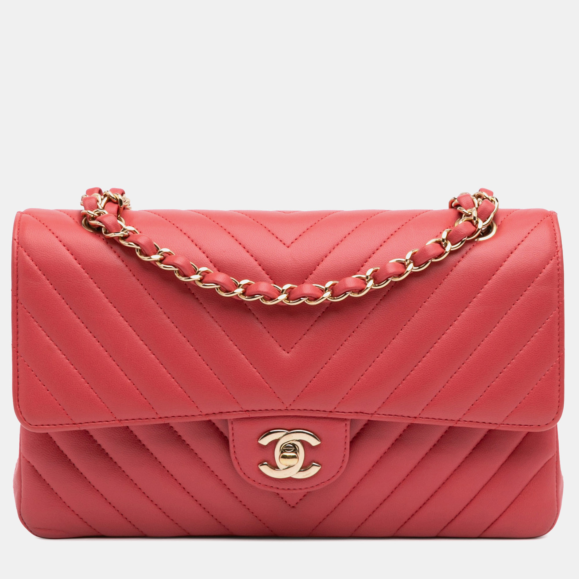 

Chanel Red Medium Classic Chevron Lambskin Double Flap