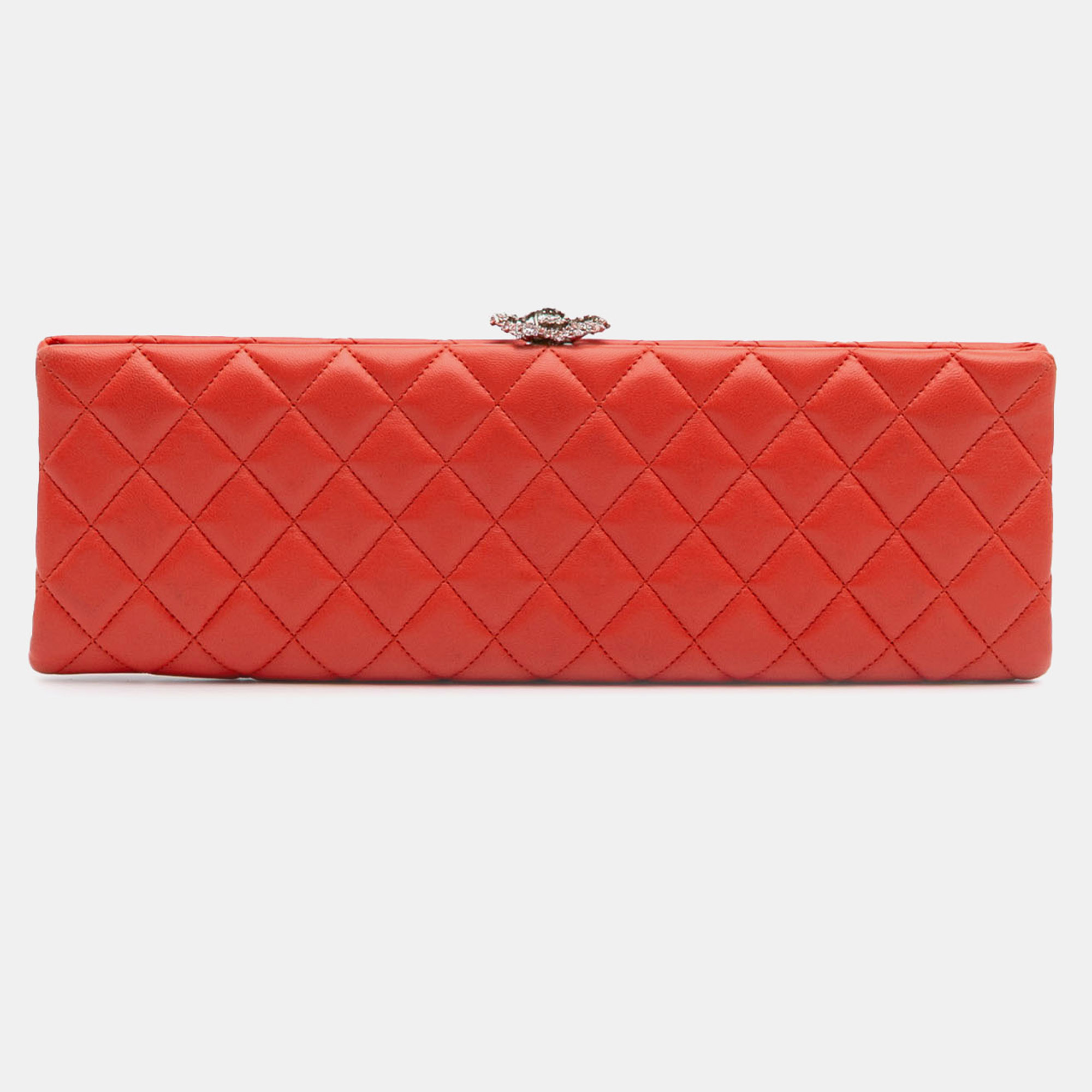 

Chanel Orange Quilted Lambskin Crystal Camellia Long Clutch