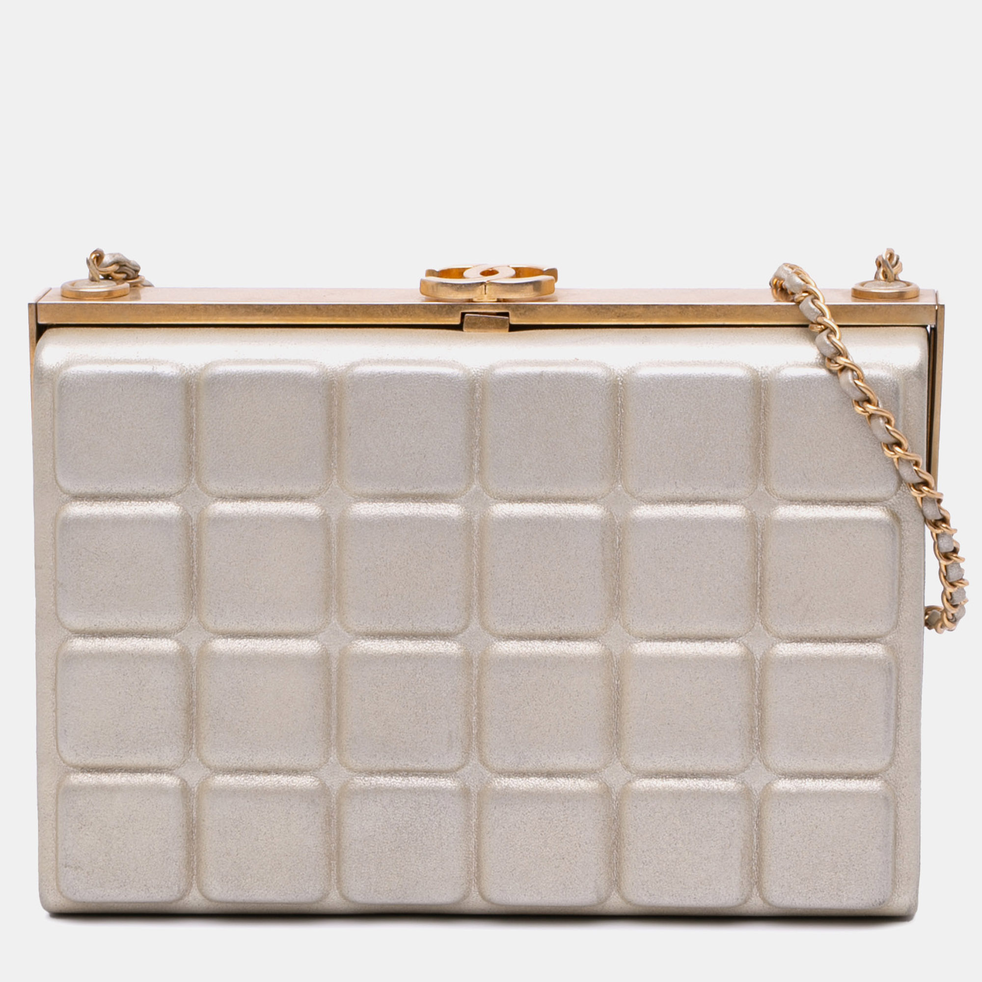 

Chanel Gold Chocolate Bar Metallic Lambskin Frame Clutch with Chain