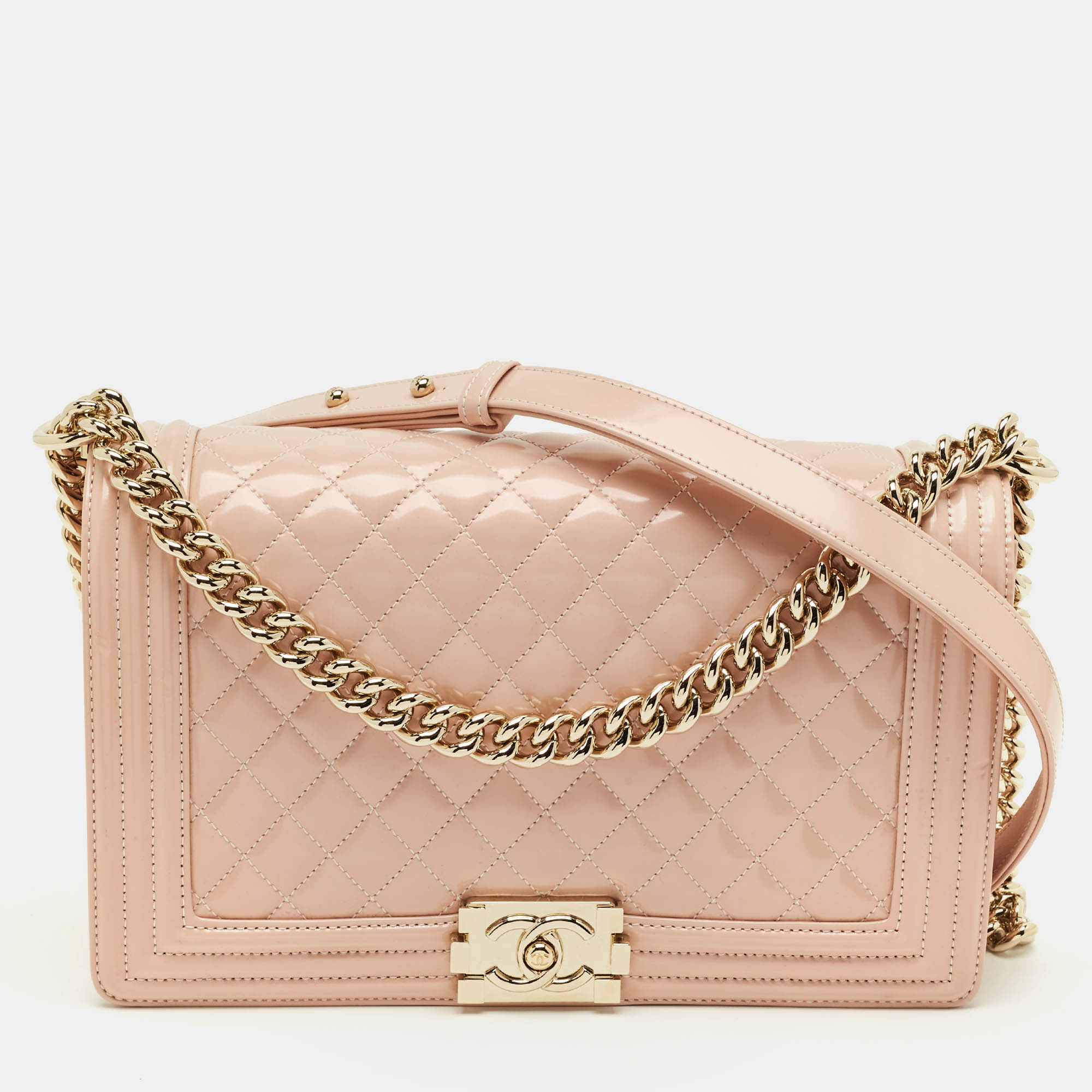 

Chanel Boy New  Metallic Pink Quilted Patent Leather Flap Bag