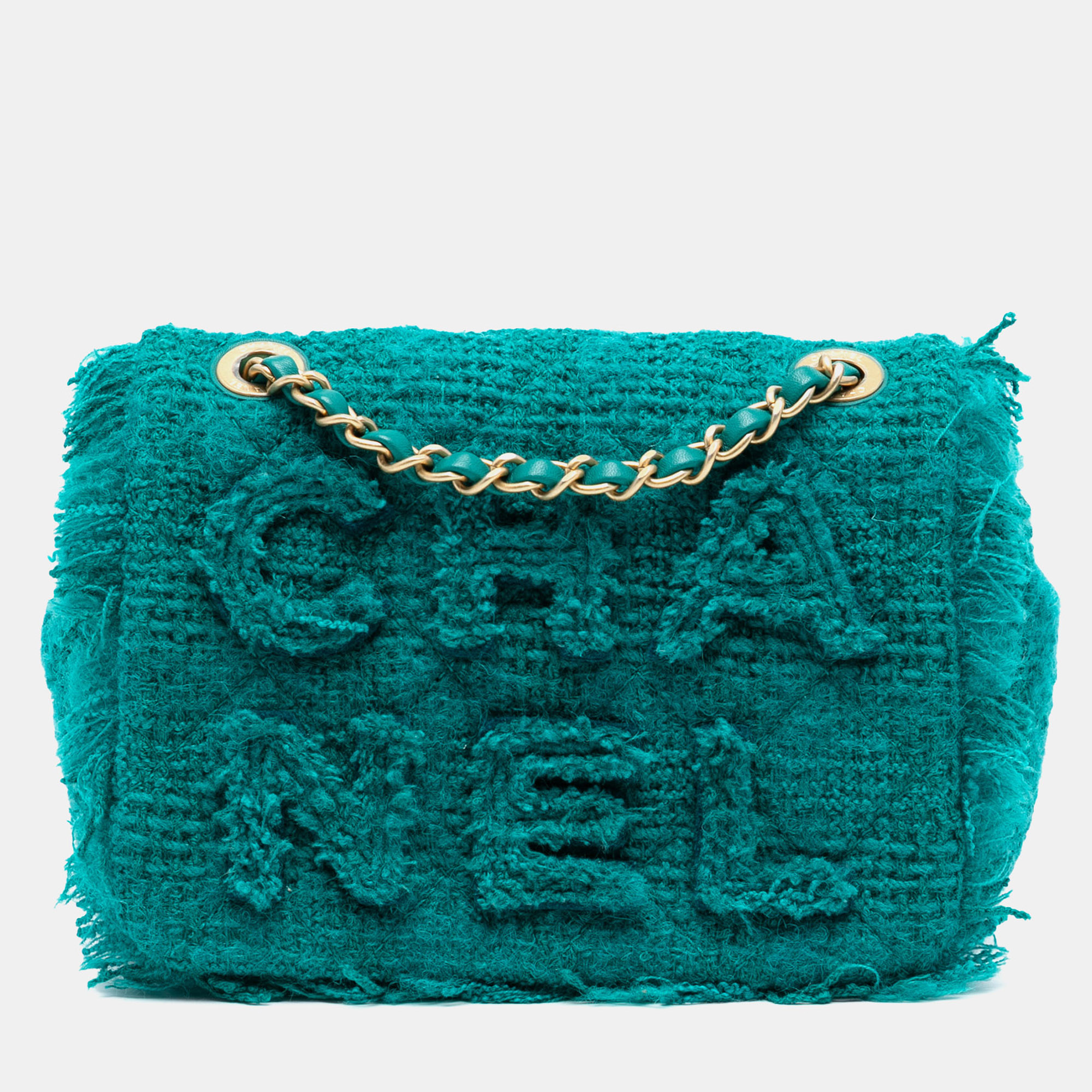 

Chanel Blue Green Small Wool Tweed Giant Logo Flap