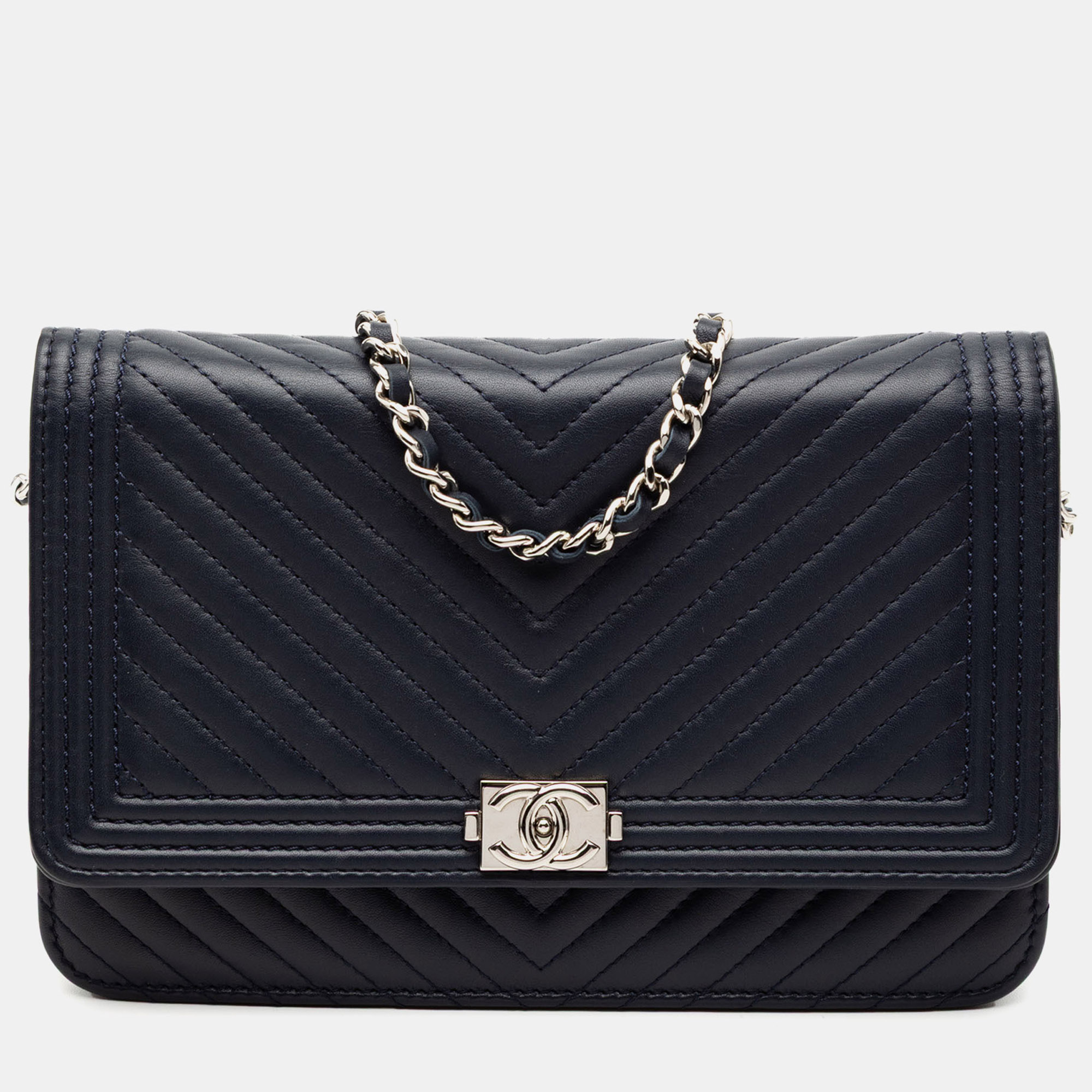 

Chanel Blue Chevron Lambskin Boy Wallet on Chain