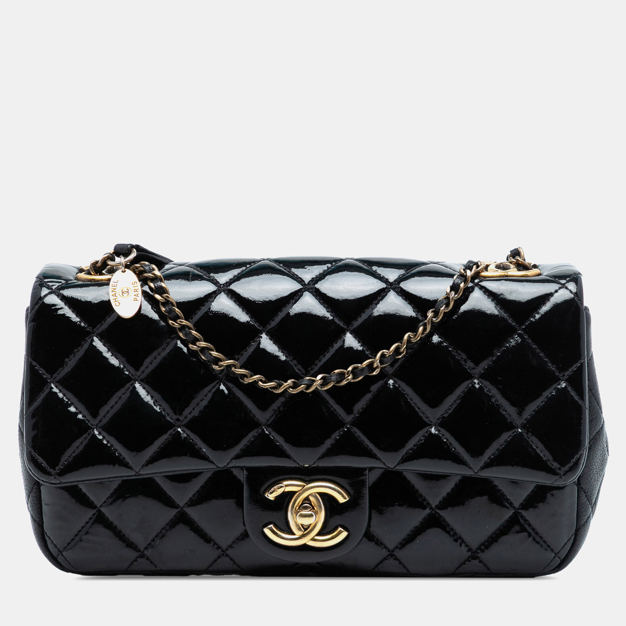 

Chanel Black Paris Salzburg Medium Patent Goatskin CC Eyelet Flap
