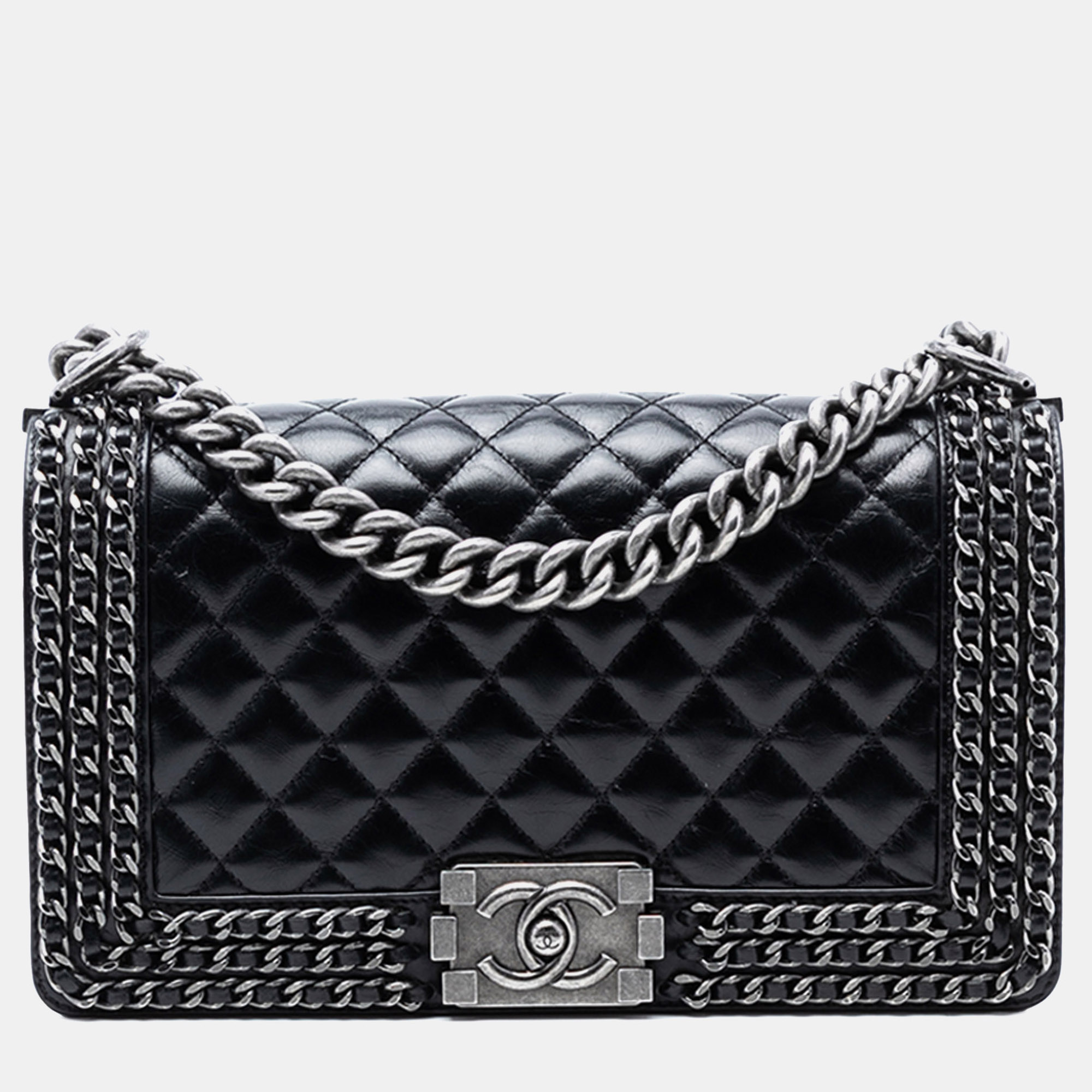 

Chanel Black Old Medium Quilted Glazed Calfskin Chain Around Boy Flap