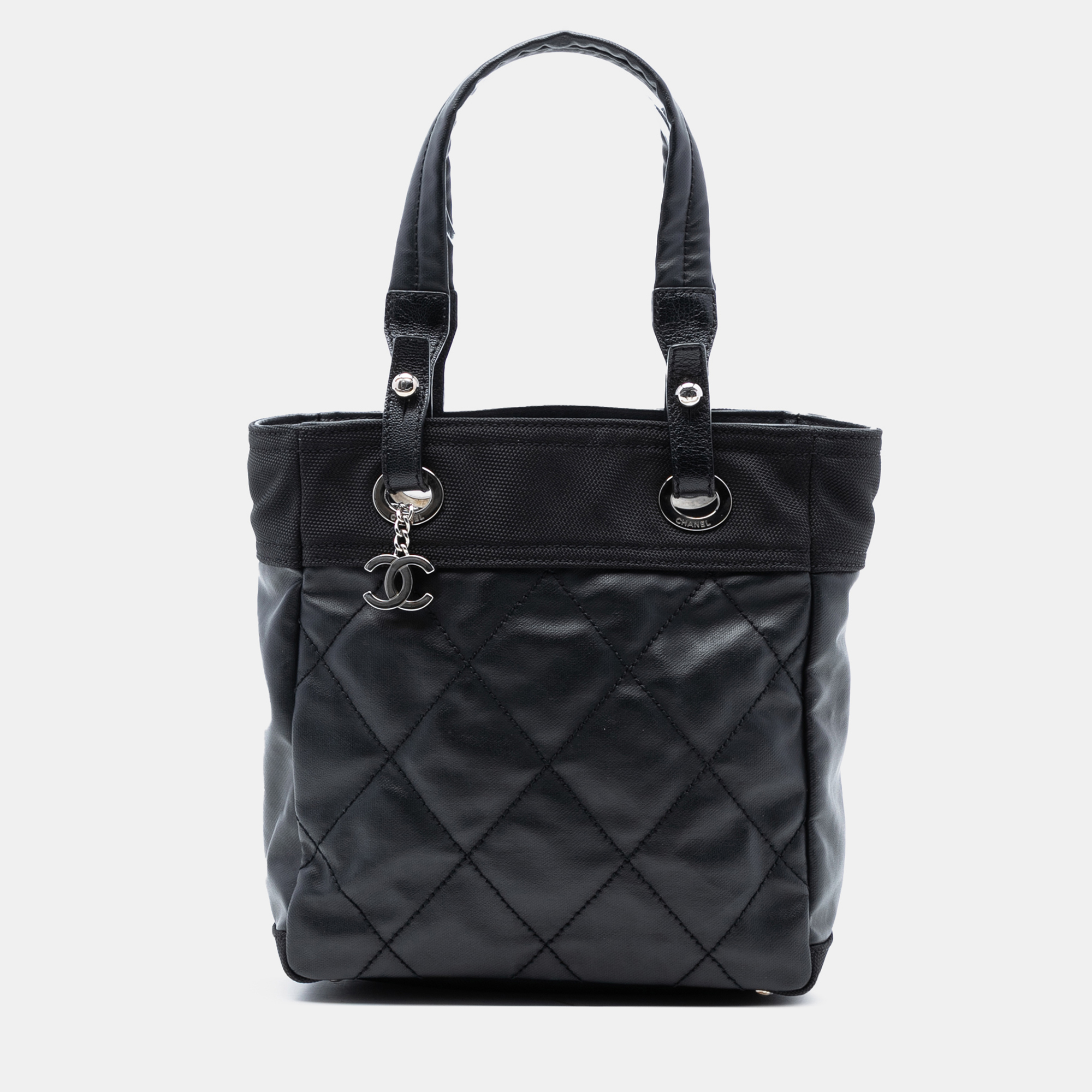 Pre-owned Chanel Black Small Quilted Coated Canvas Paris Biarritz Tote