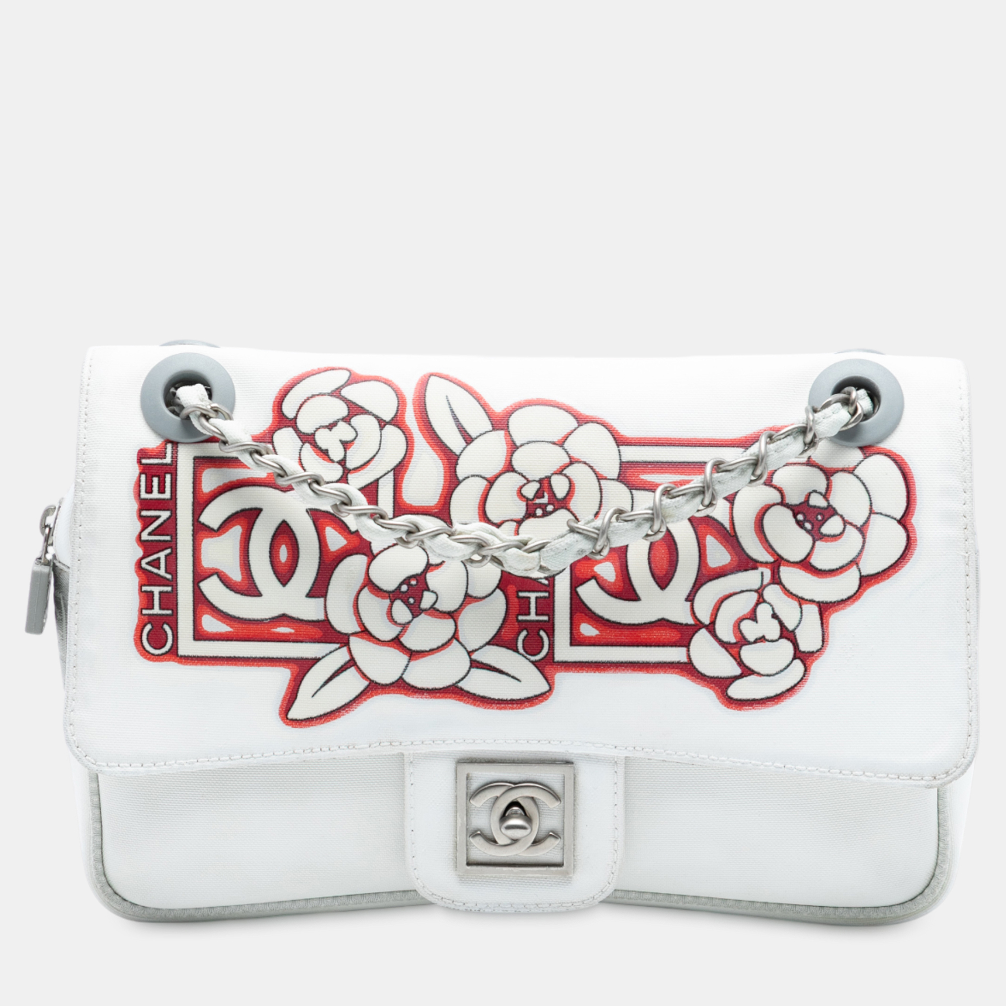 

Chanel White Nylon Sport Camellia Flap