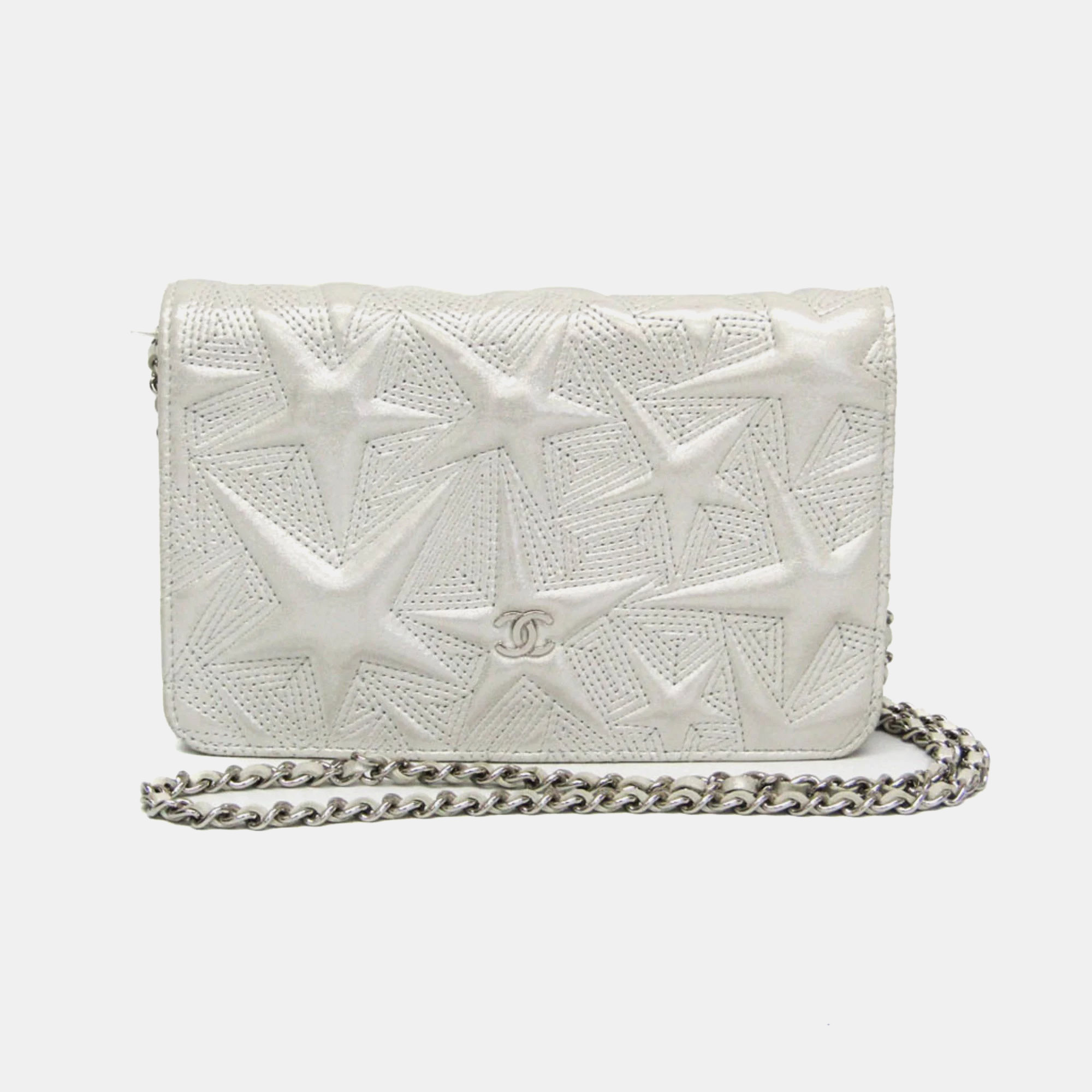 

Chanel Star Emboss Grey Lambskin Leather Wallet on Chain Bag, Silver