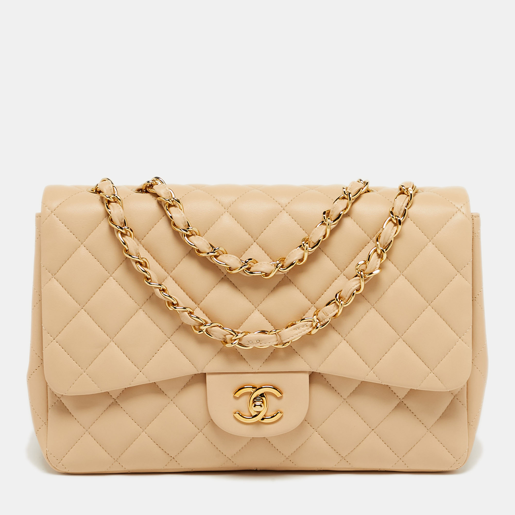 

Chanel Classic Single Flap Jumbo Beige Quilted Leather Shoulder Bag