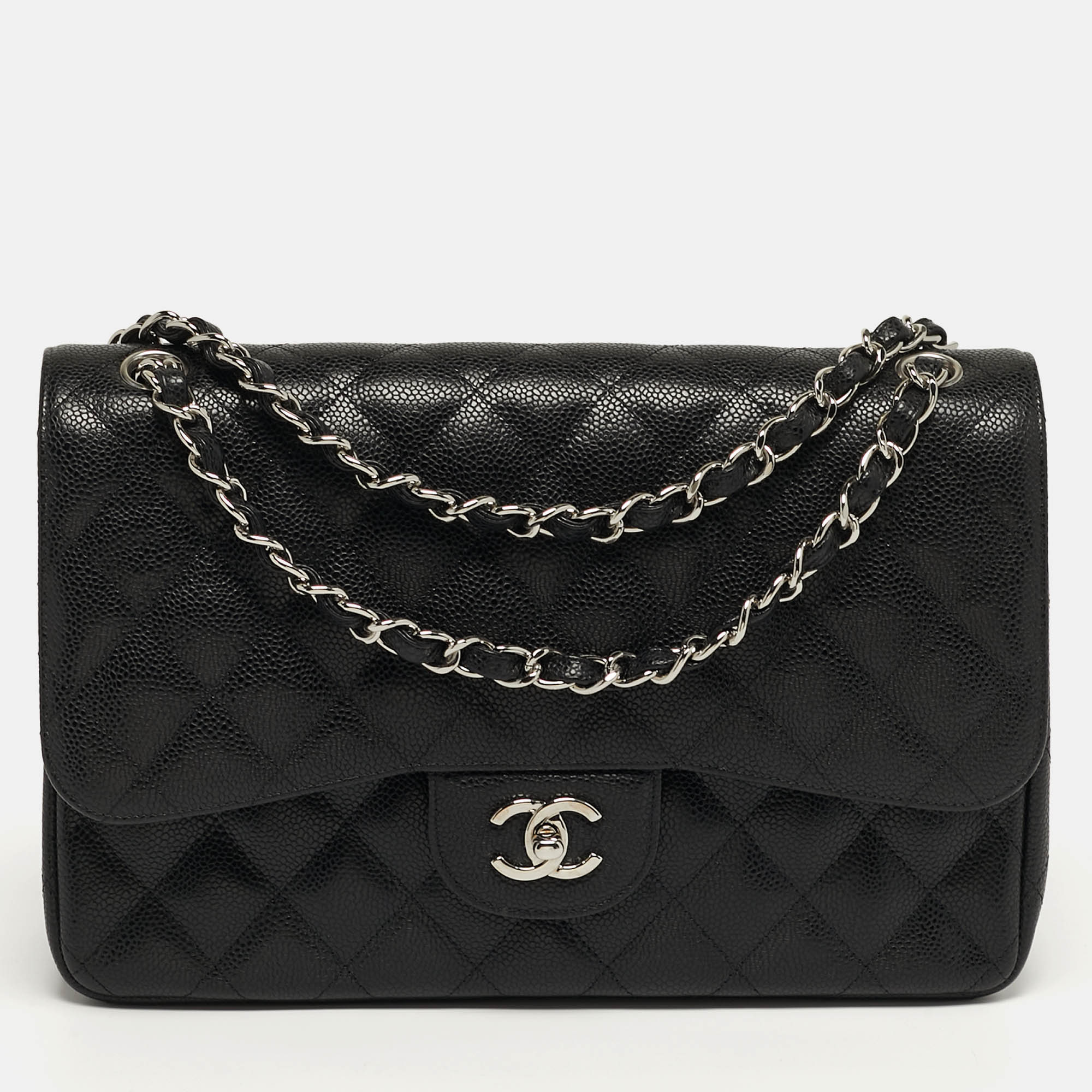 

Chanel Classic Double Flap Jumbo Black Quilted Caviar Leather Shoulder Bag