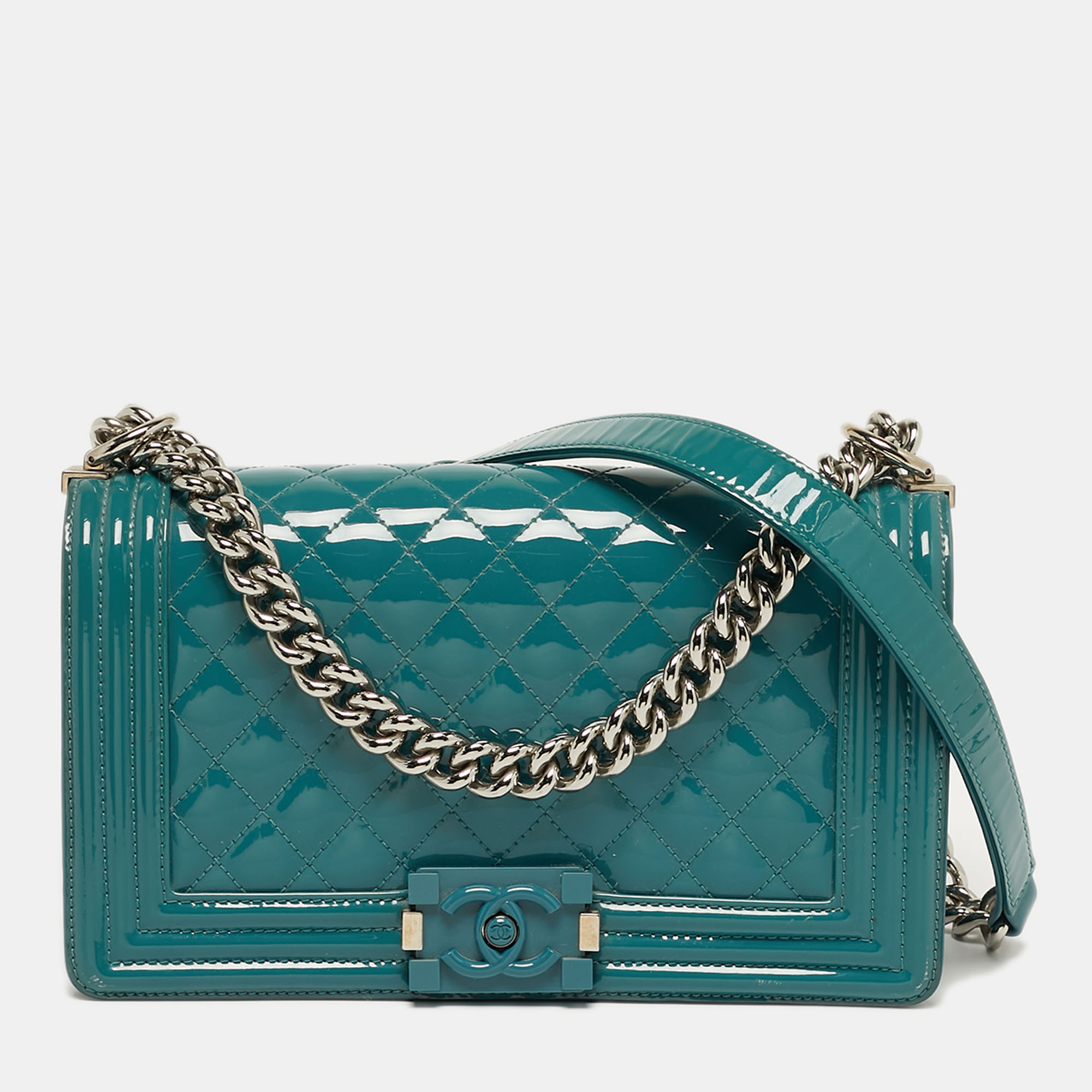

Chanel Boy Medium Blue Quilted Patent Leather Flap Bag