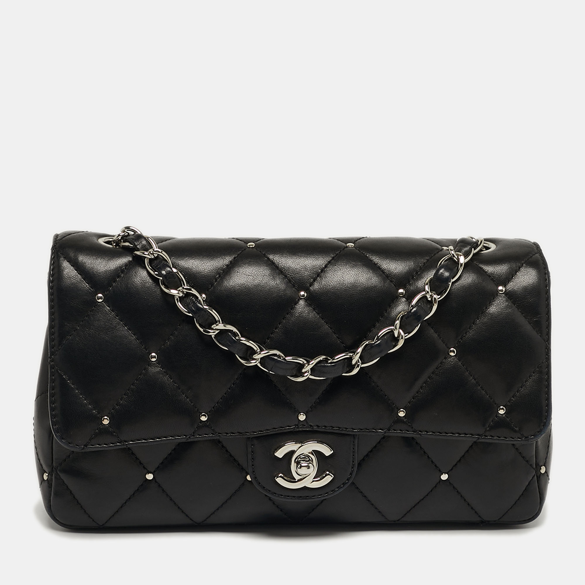 

Chanel Classic Single Flap Medium Studded Quilted Leather Shoulder Bag, Black