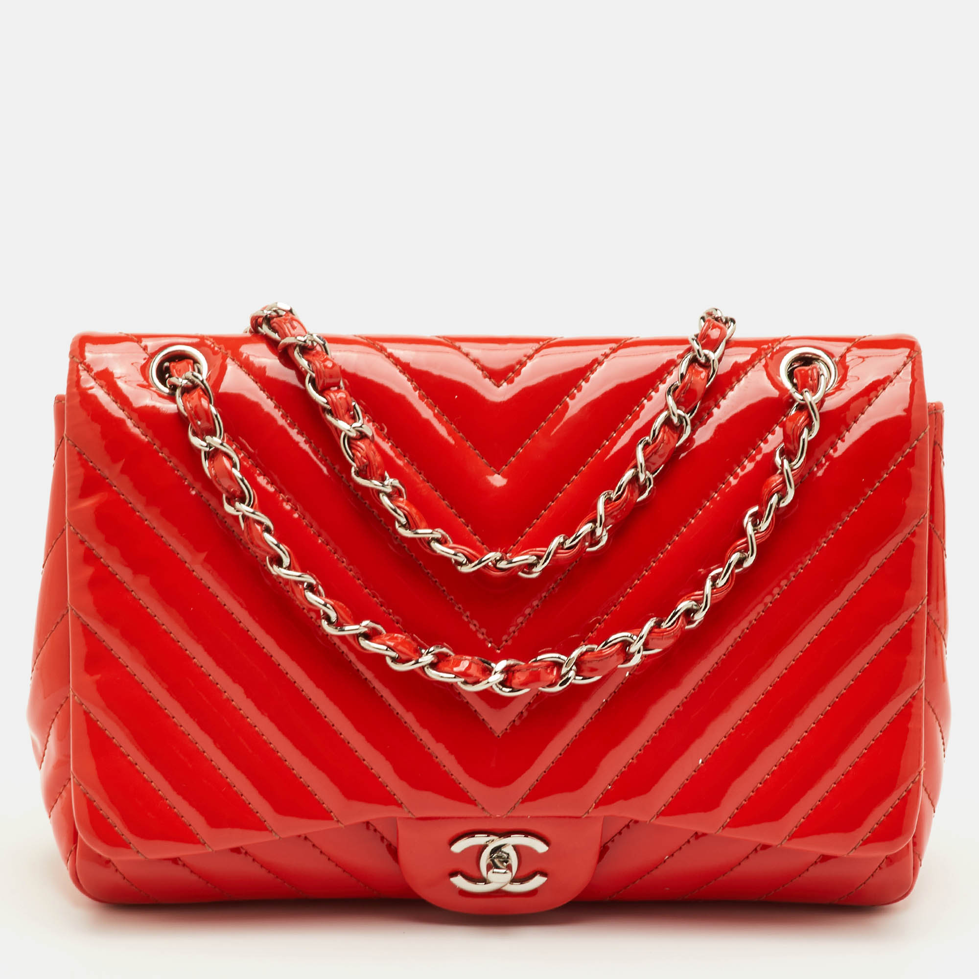 

Chanel Classic Single Flap Jumbo Orange Chevron Patent Leather Shoulder Bag