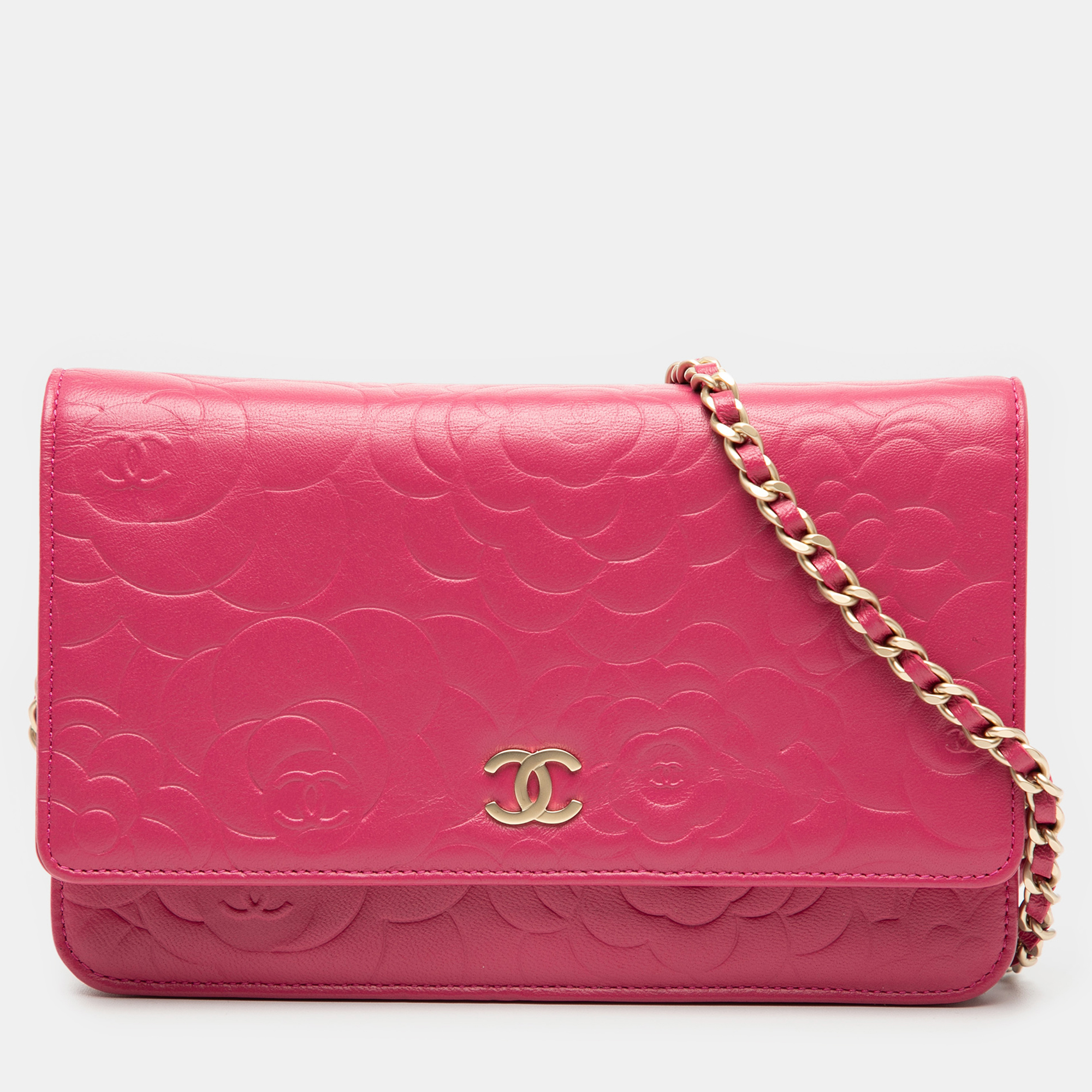 

Chanel Pink CC Embossed Lambskin Camellia Wallet On Chain