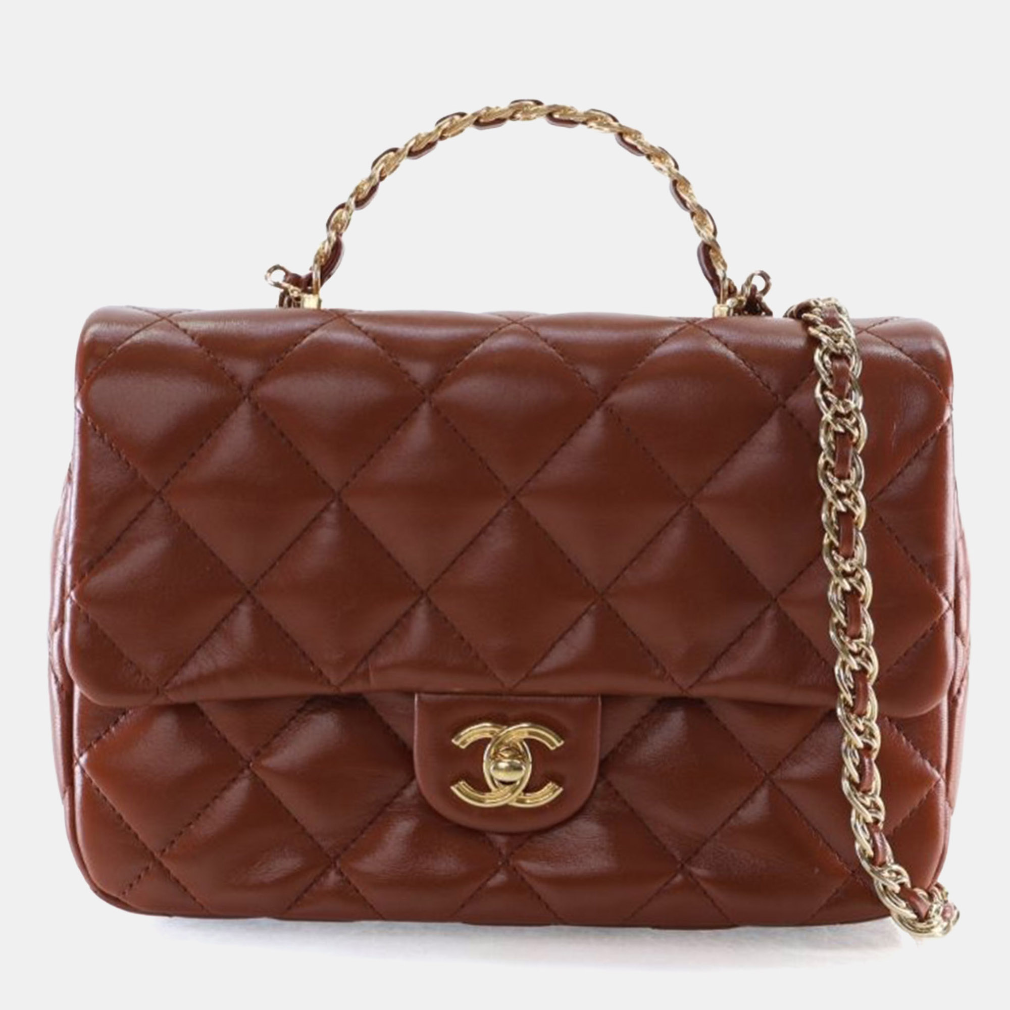 

Chanel Medium Shiny Lambskin Golden Links Top Handle Flap Bag, Brown