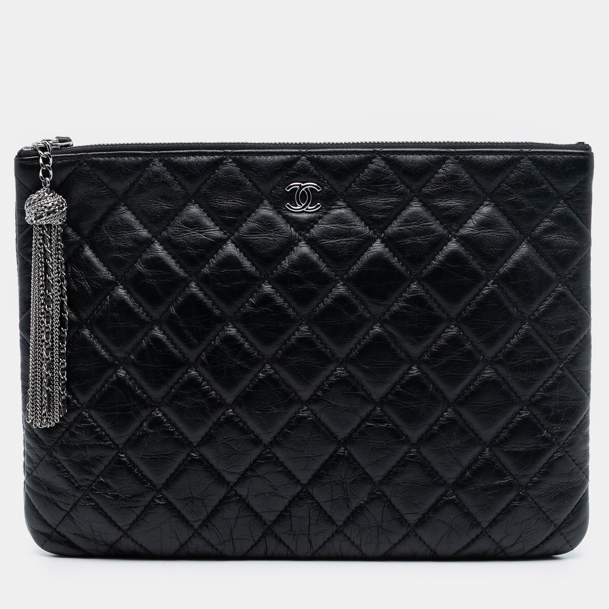 

Chanel Black Medium Quilted Aged Calfskin Chain Tassel O Case Clutch
