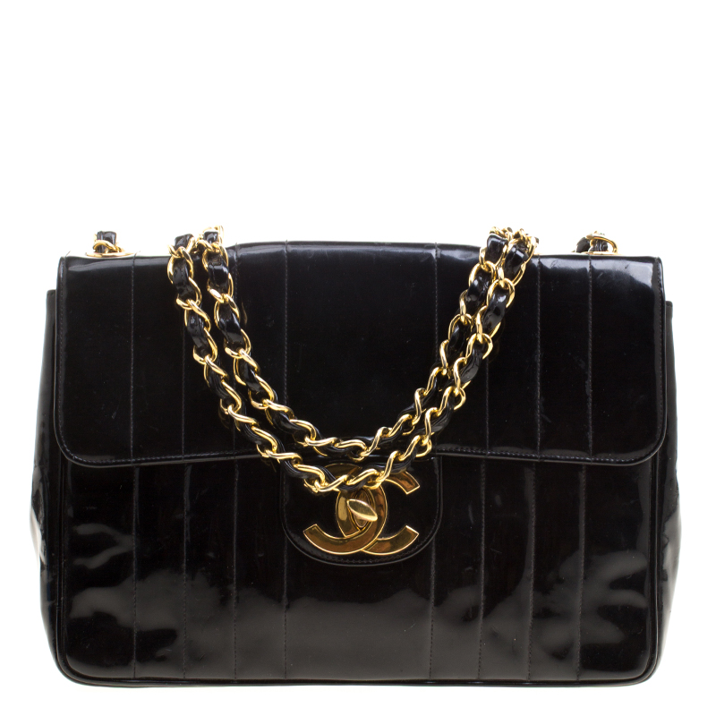مملوكة مسبقًا Chanel Black Vertical Quilted Patent Leather XL Jumbo Classic Flap Bag
