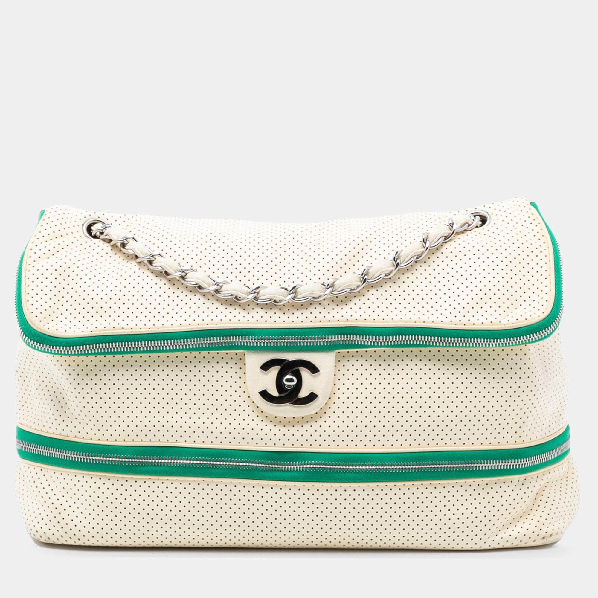 

Chanel White Perforated Calfskin Expandable Shoulder Bag