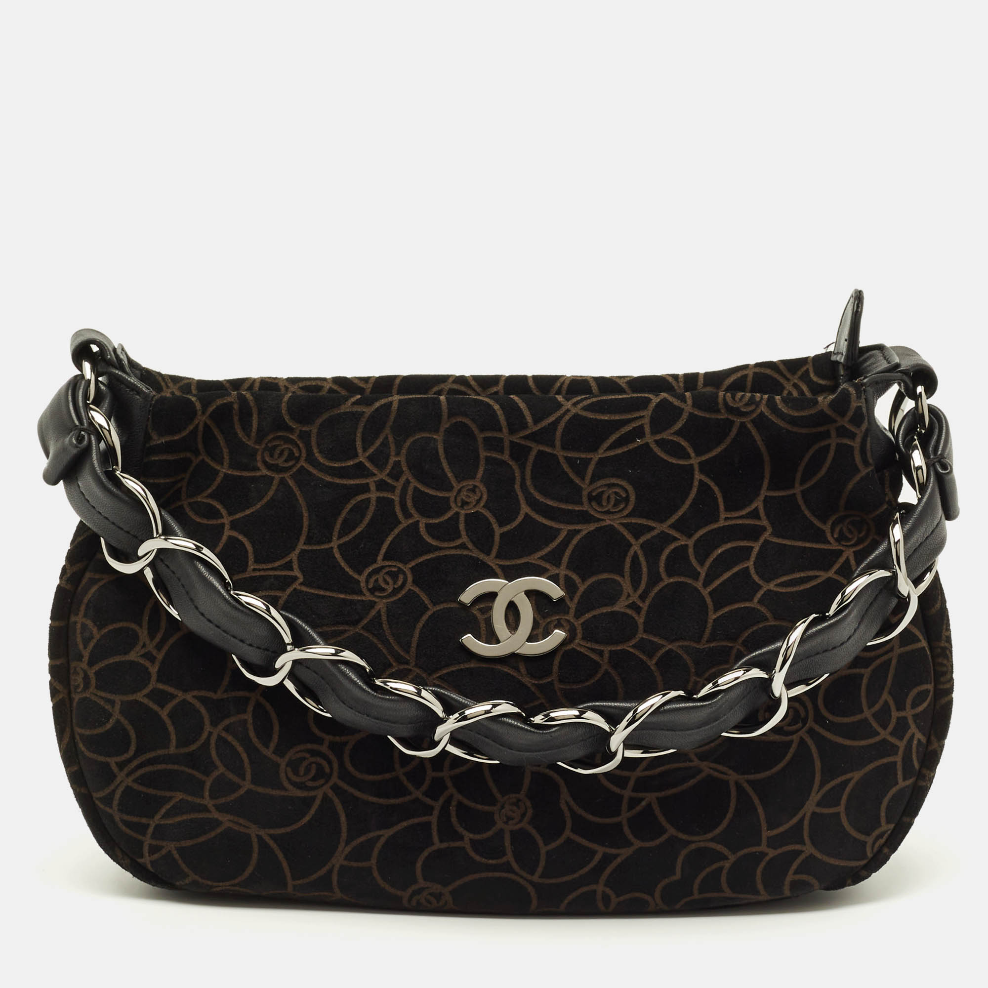 

Chanel Choco Brown Camellia Embossed Suede Shoulder Bag