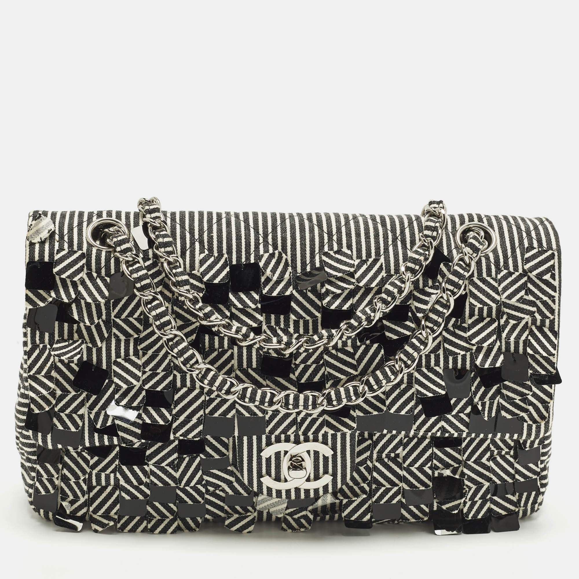 

Chanel Medium Black/White Striped Quilted Fabric and Sequin Double Flap Bag