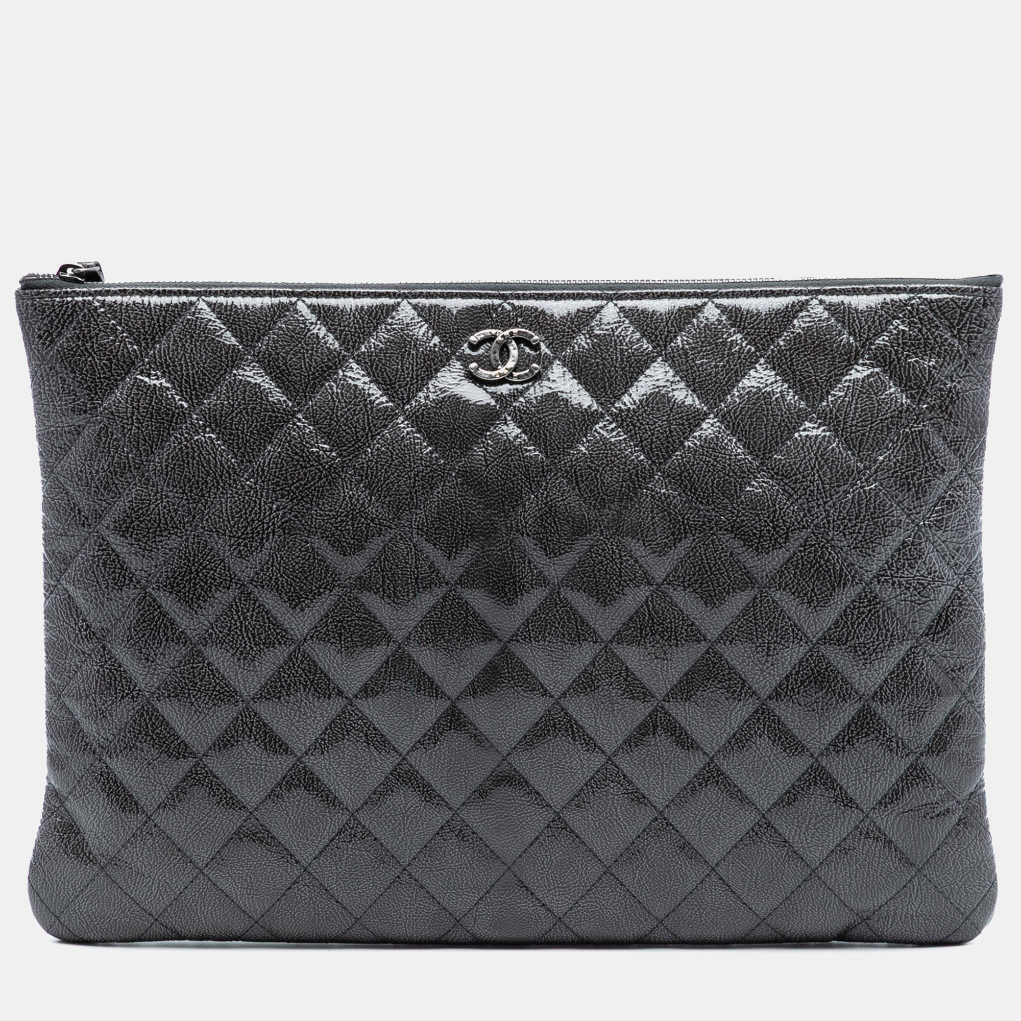 

Chanel Black Large Quilted Iridescent Patent O Case Clutch