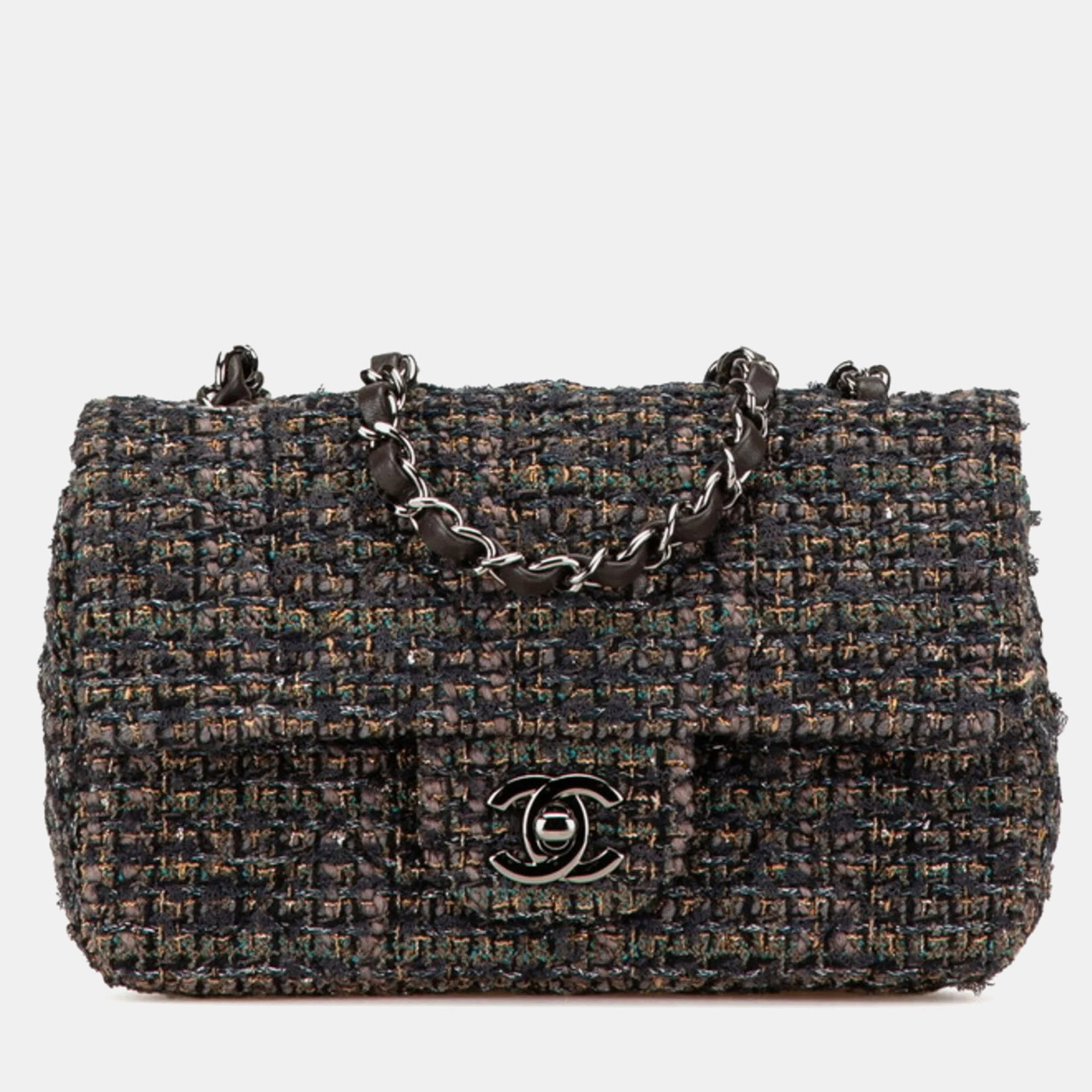 

Chanel Mini Matelasse 20 Coco Mark Crossbody Chain Shoulder Bag Grey Tweed Leather