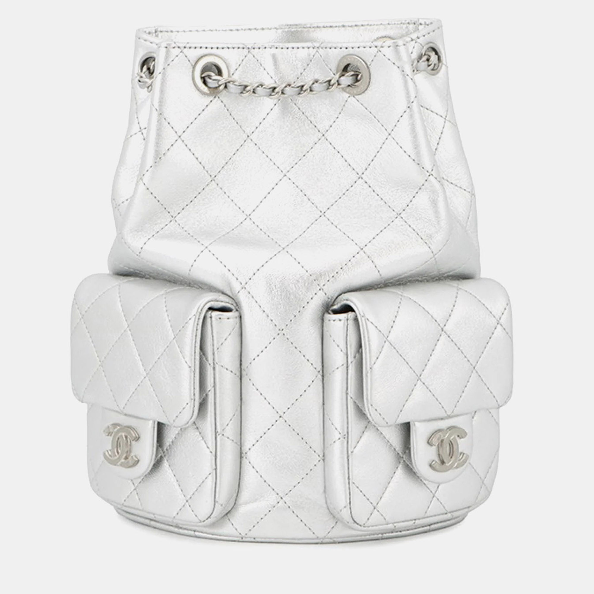 

Chanel Matelasse Coco Mark Leather Backpack, Silver