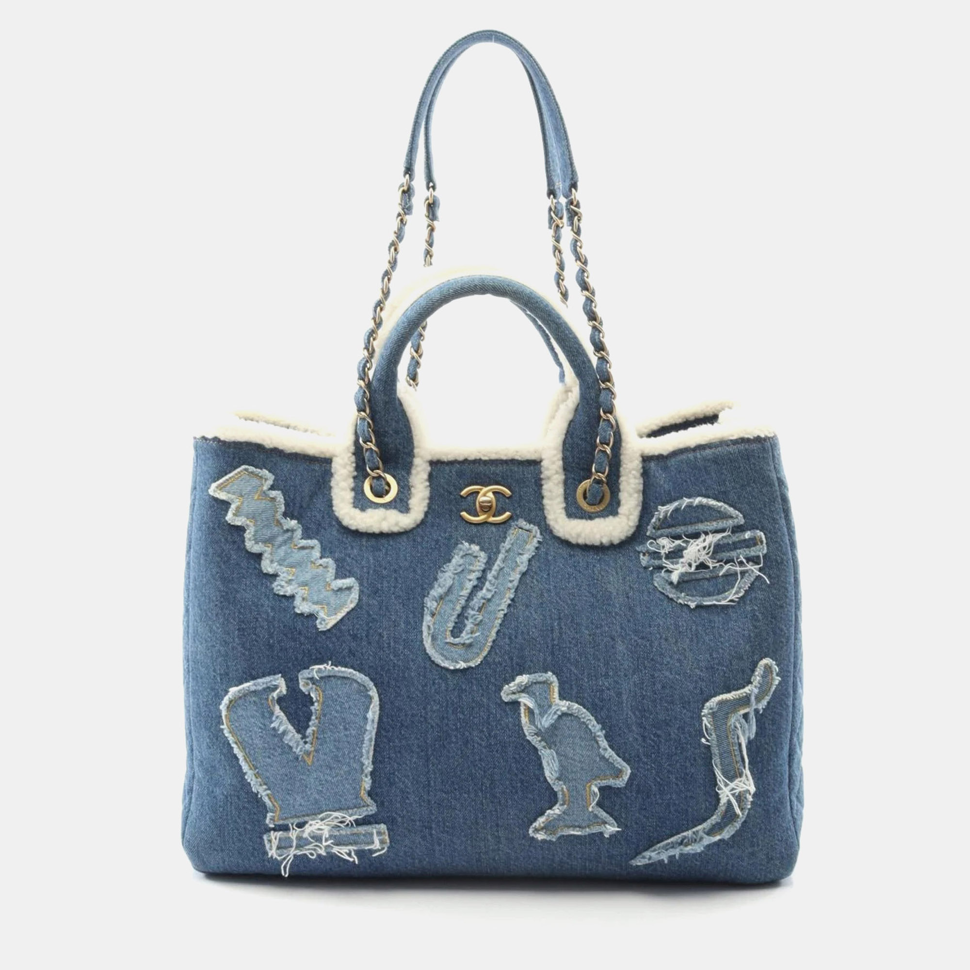 

Chanel Large Blue/White Denim And Mouton Shopping Bag Tote
