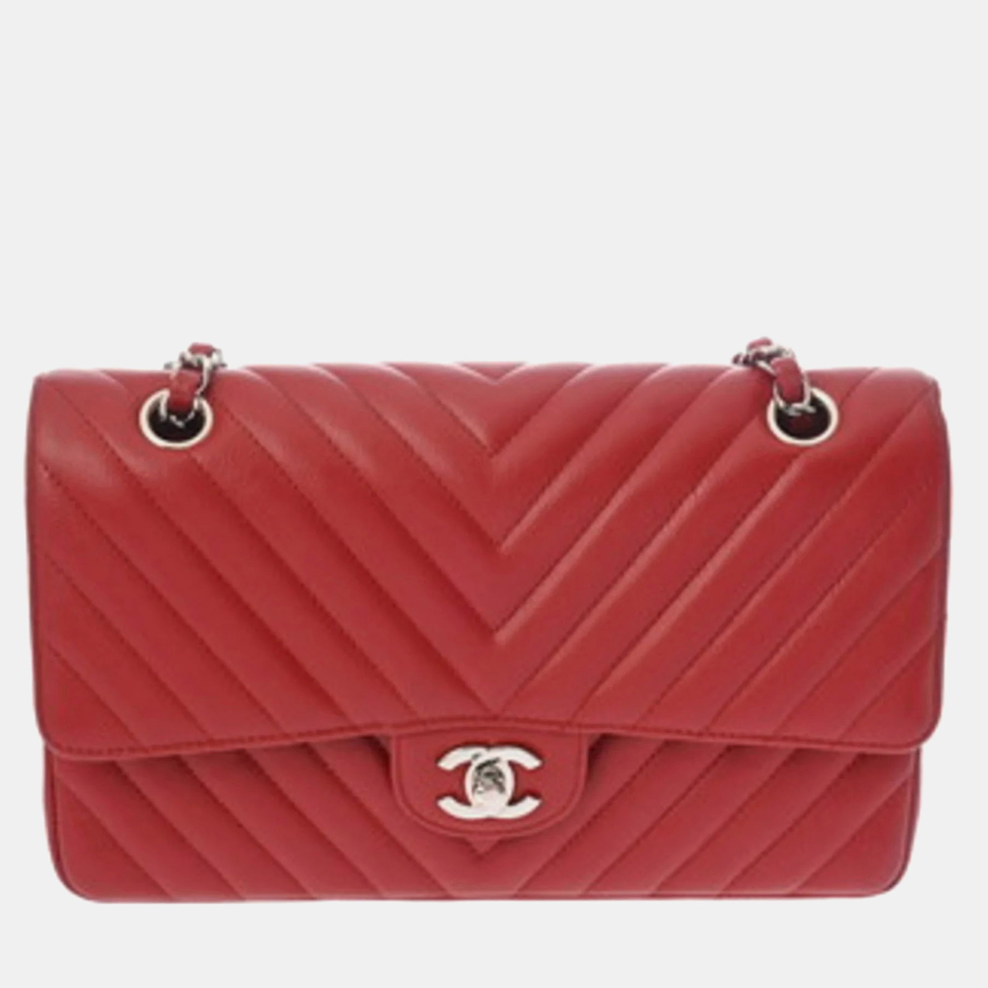 

Chanel Matelasse Chain Shoulder Bag  Double Flap V-Stitch Red Caviar Leather