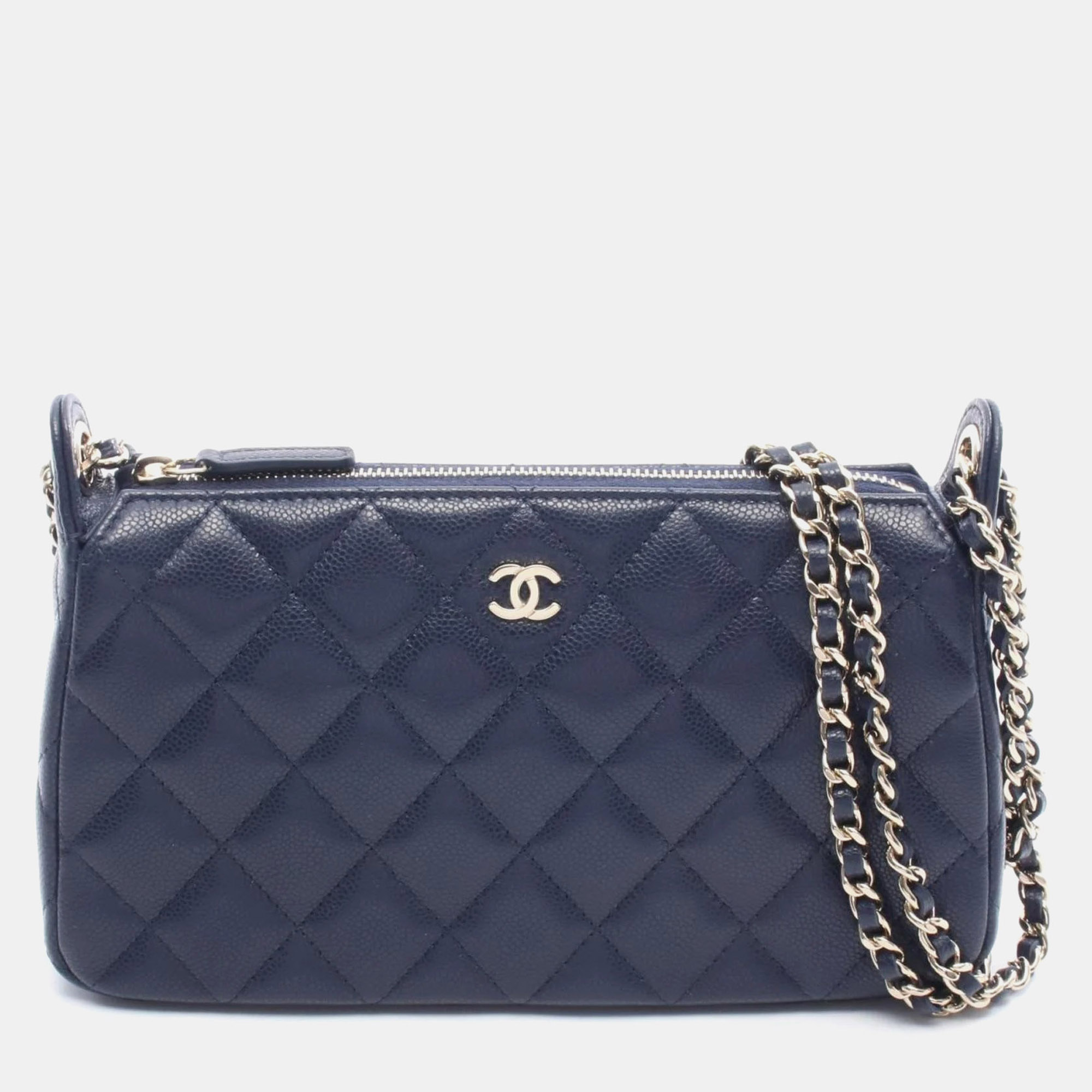 Pre-owned Chanel Matelasse Chain Clutch Shoulder Bag In Calfskin Leather Navy Blue