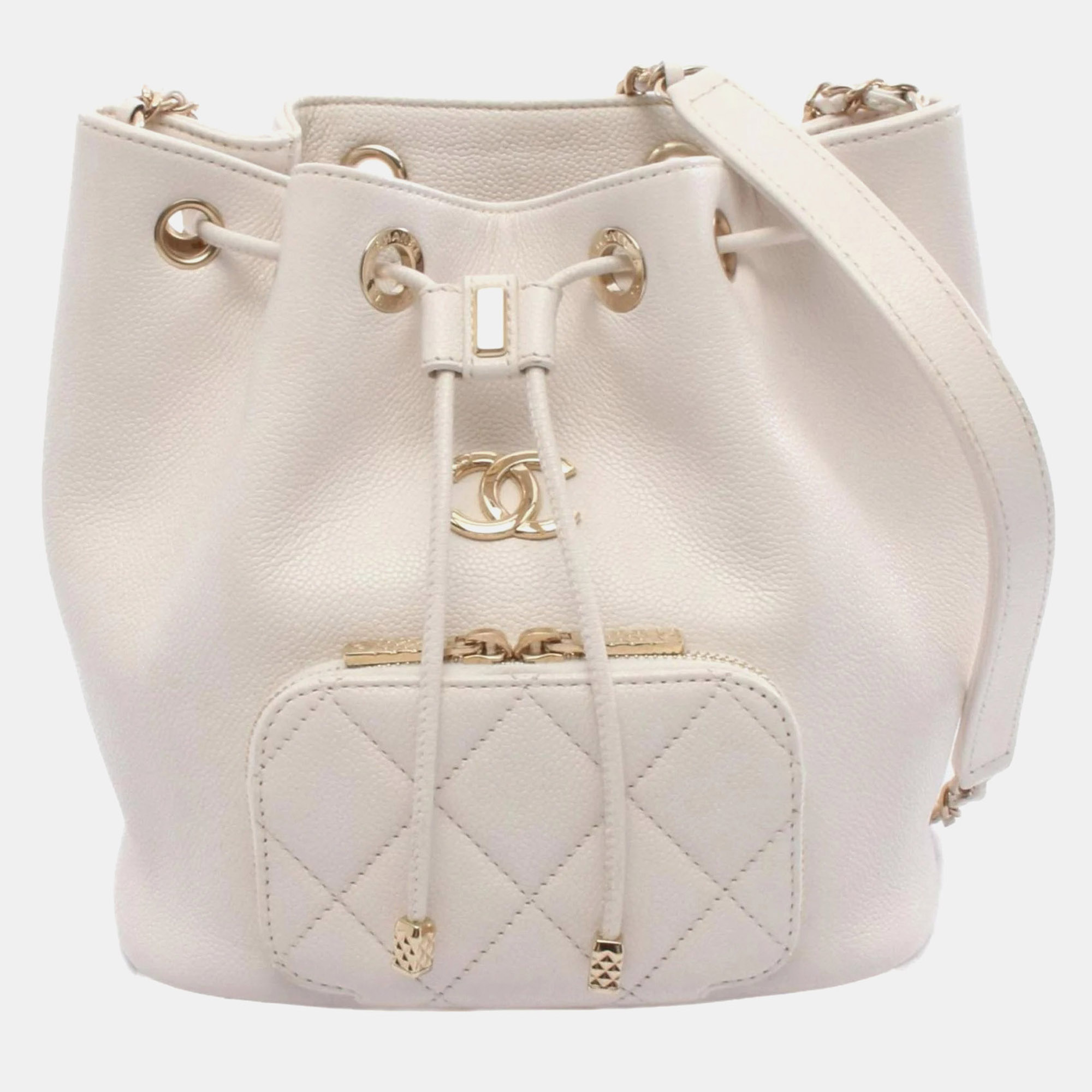 

Chanel Matelasse Bucket Bag Shoulder Leather Grained Calfskin White