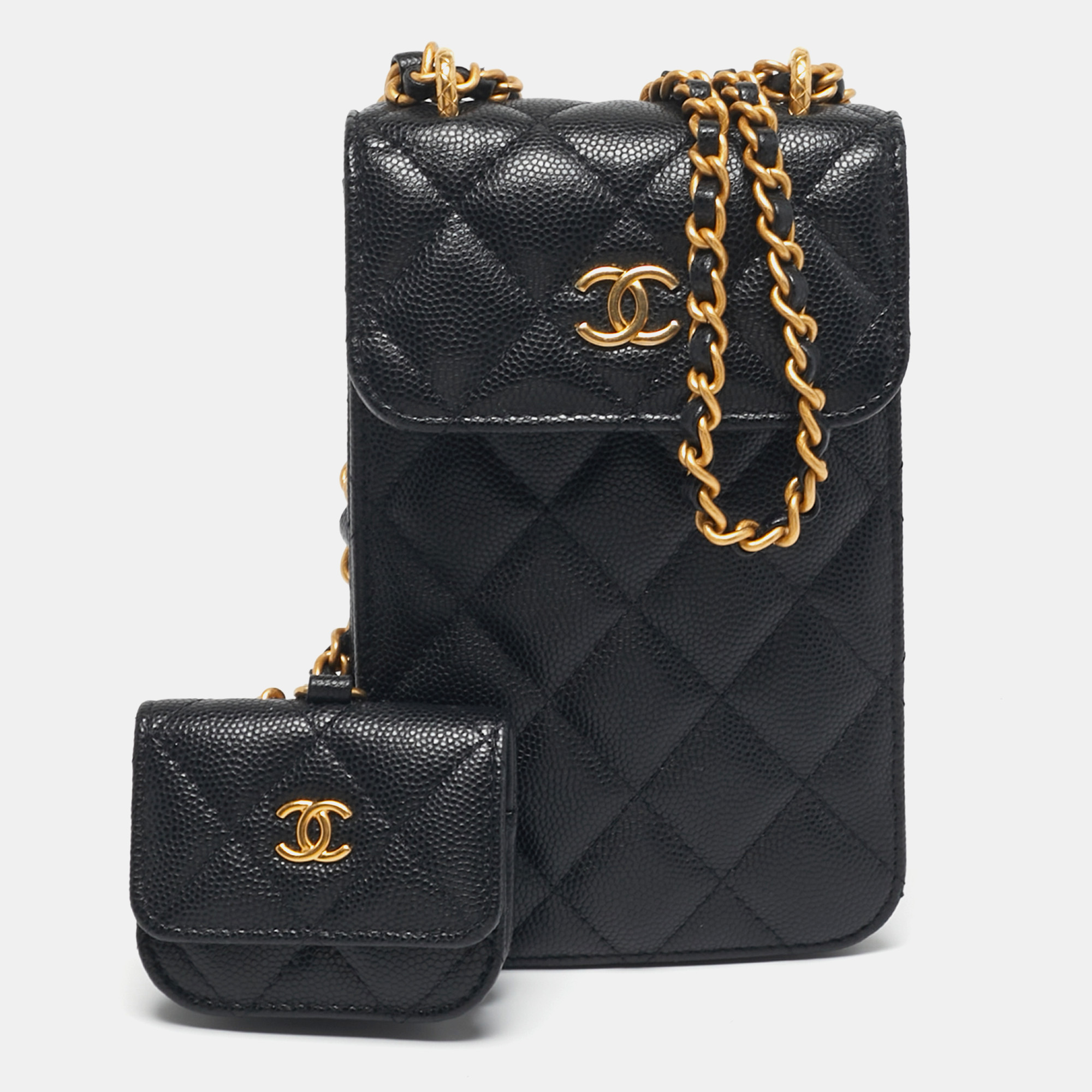 

Chanel Black Quilted Caviar Leather Phone Holder Crossbody Bag