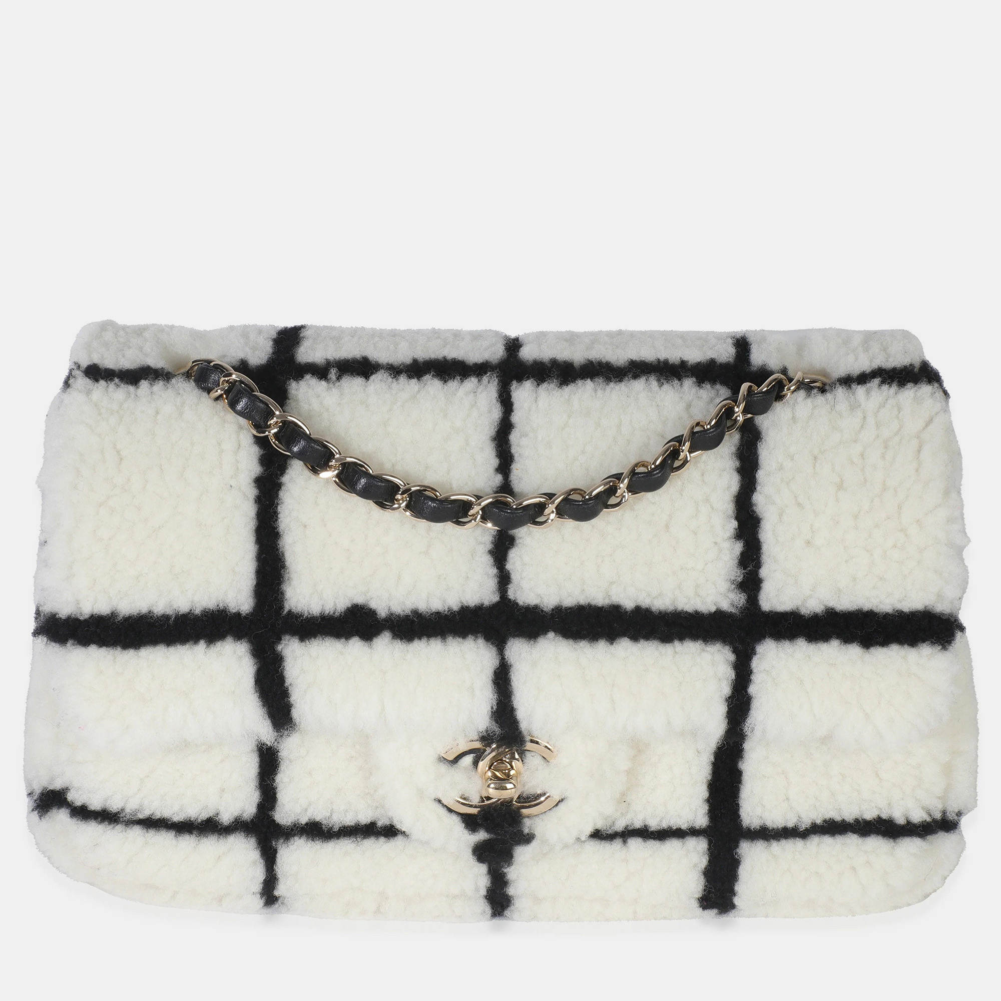 

Chanel Black White CC Square Print Shearling Medium Flap Bag