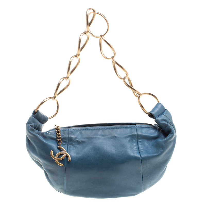 Pre Owned Chanel Teal Blue Leather CC Ring Hobo