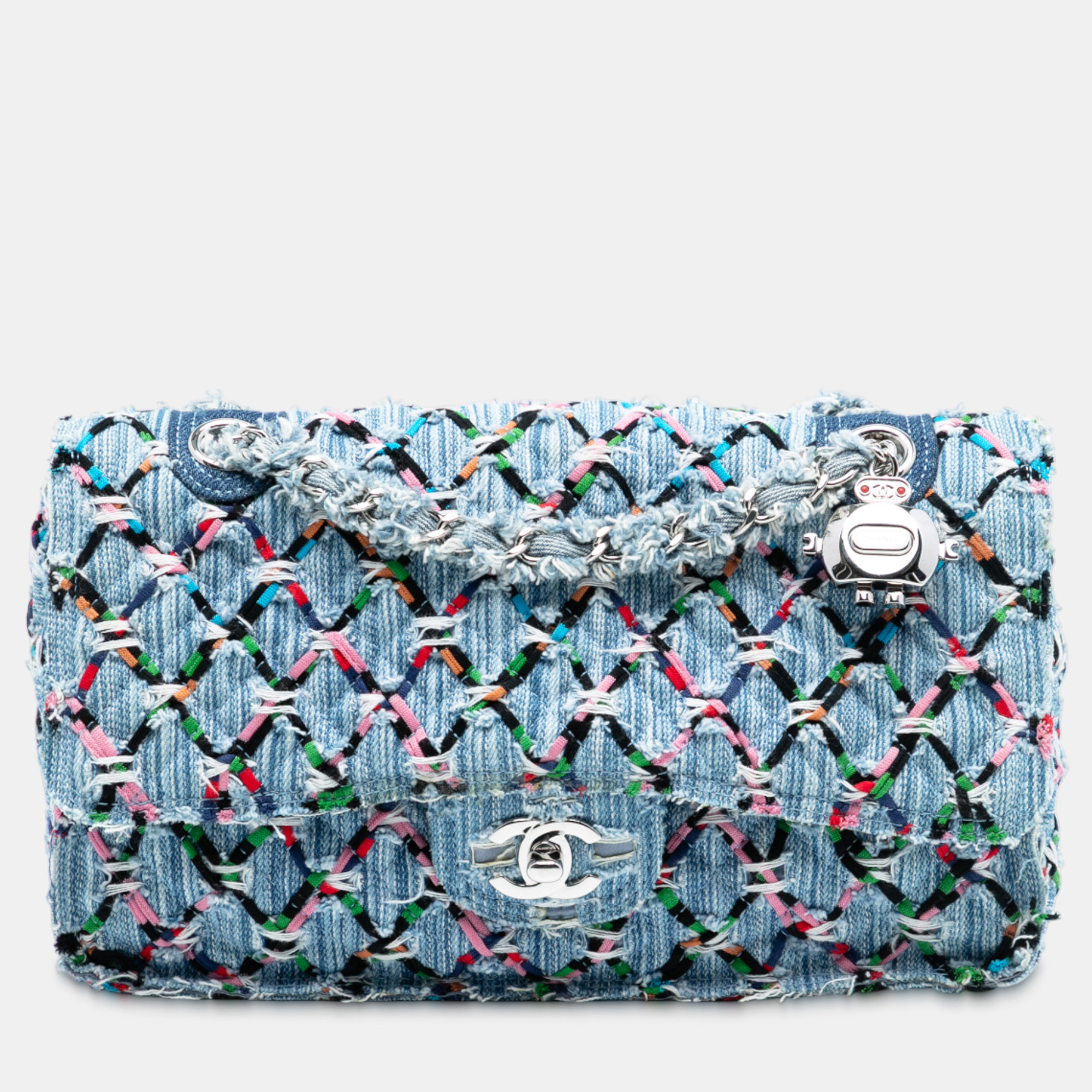 

Chanel Blue Medium Denim Rainbow Woven Stitch Quilted Robot Charm Single Flap