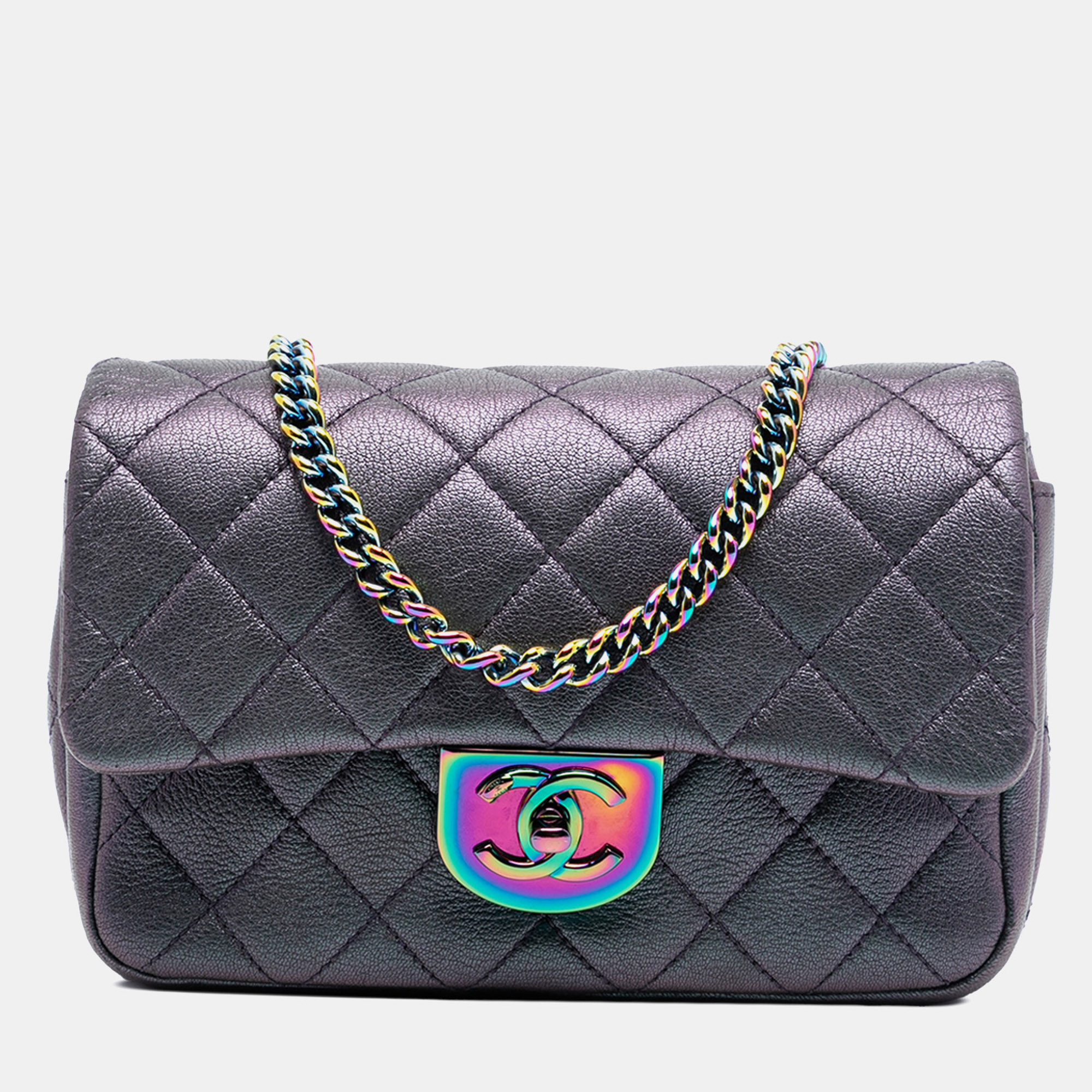 

Chanel Purple Small Iridescent Goatskin Rainbow Hardware Double Carry Waist Chain Flap