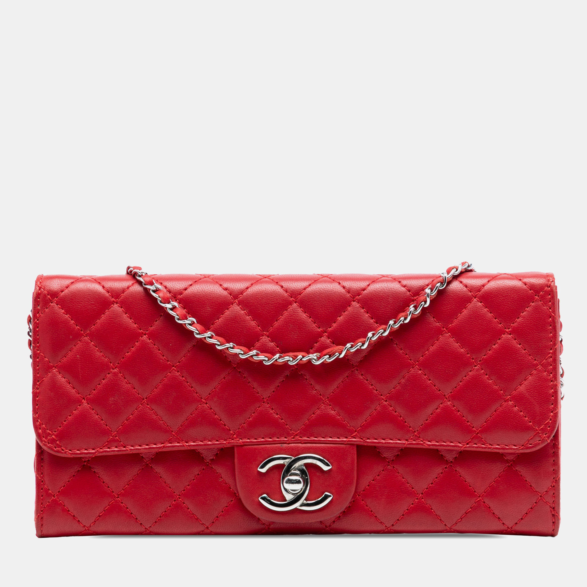 

Chanel Red Classic Lambskin East West Wallet on Chain