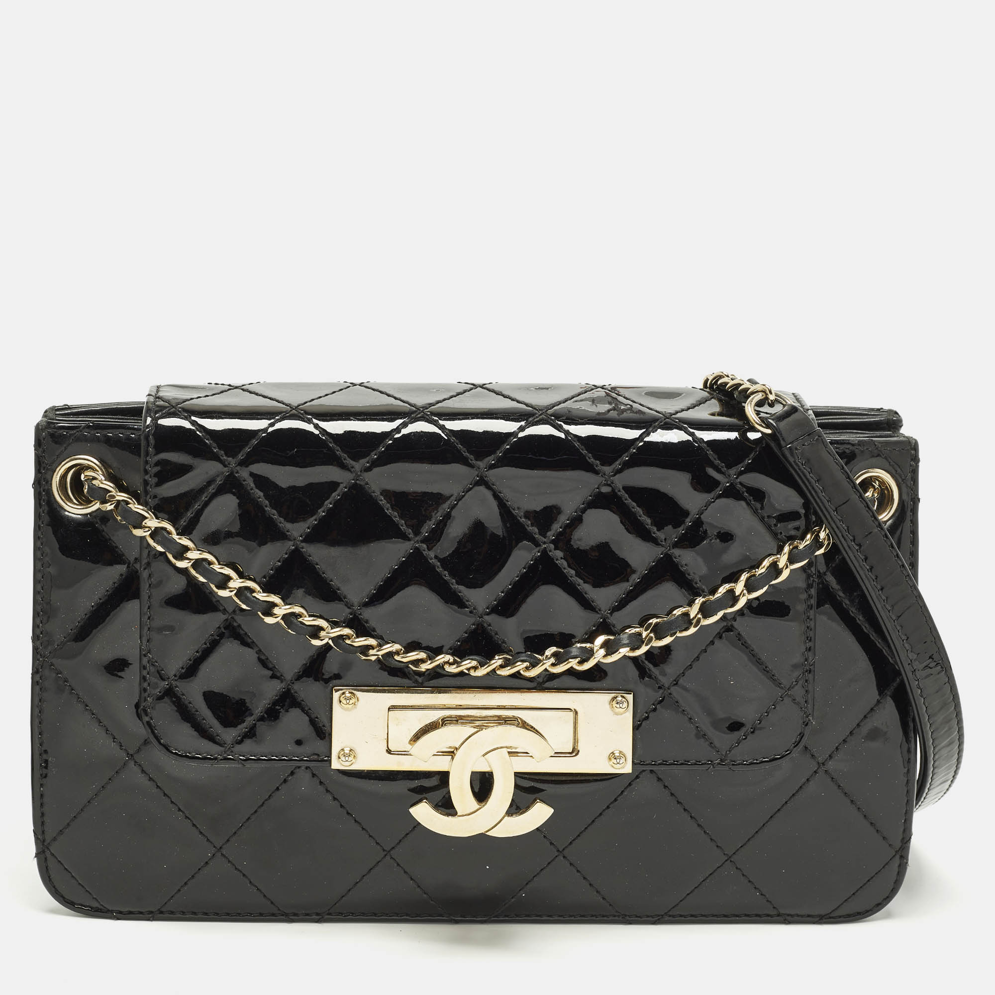 

Chanel Accordion Black Quilted Patent Leather Golden Class Flap Bag
