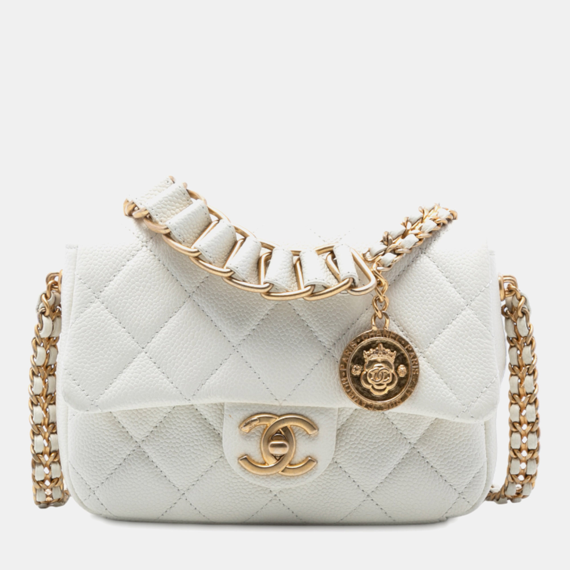 

Chanel White Mini Quilted Caviar Chain Soul Flap