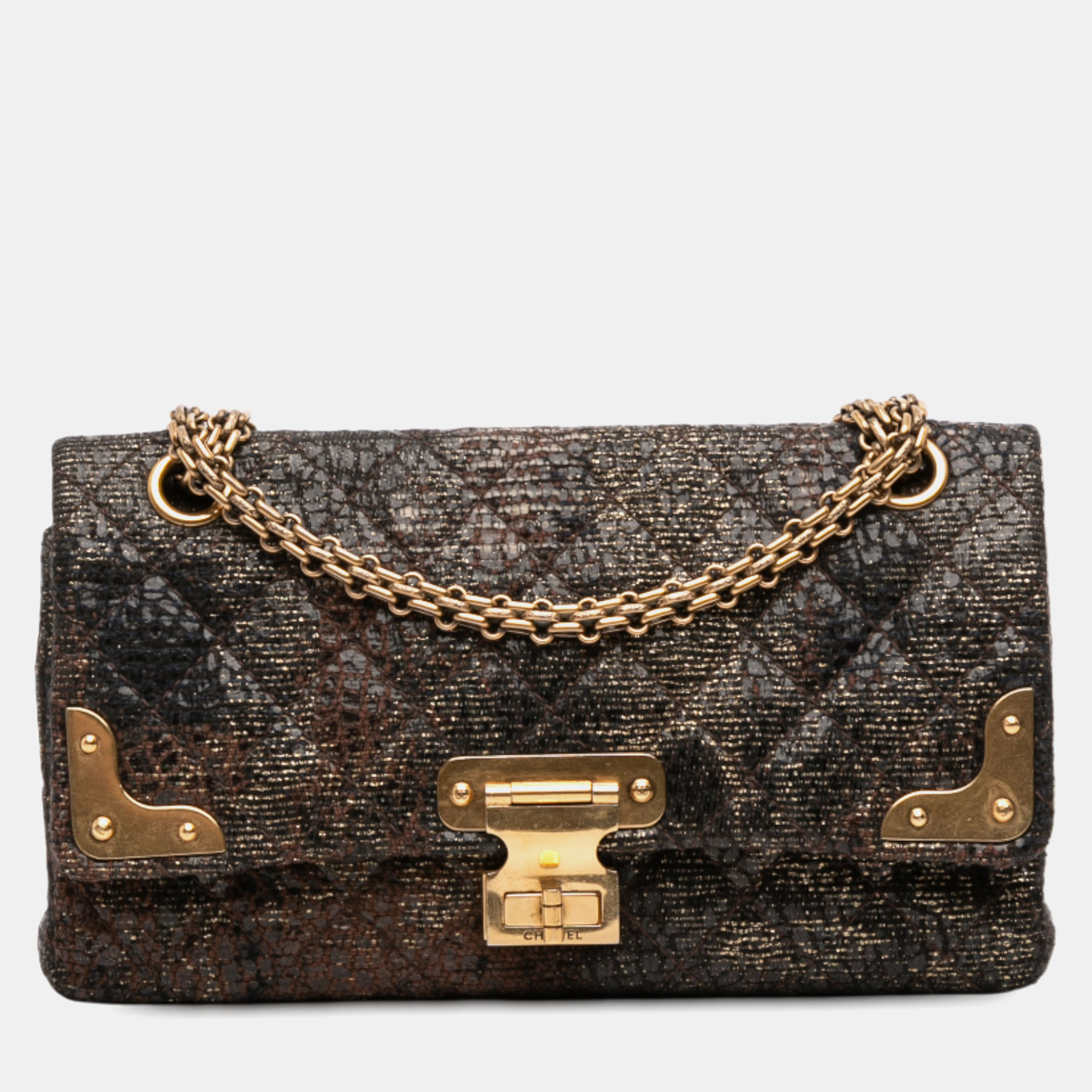

Chanel Black Brown Paris Shanghai 2.55 Icons Lacquered Tweed Double Flap 225