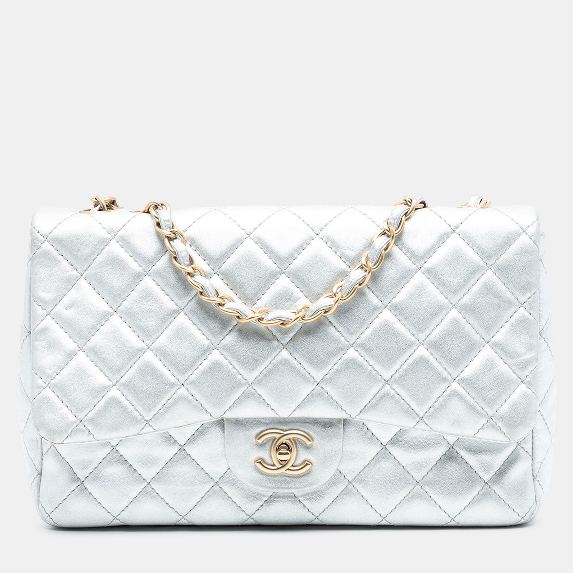 

Chanel Silver Jumbo Classic Metallic Lambskin Single Flap