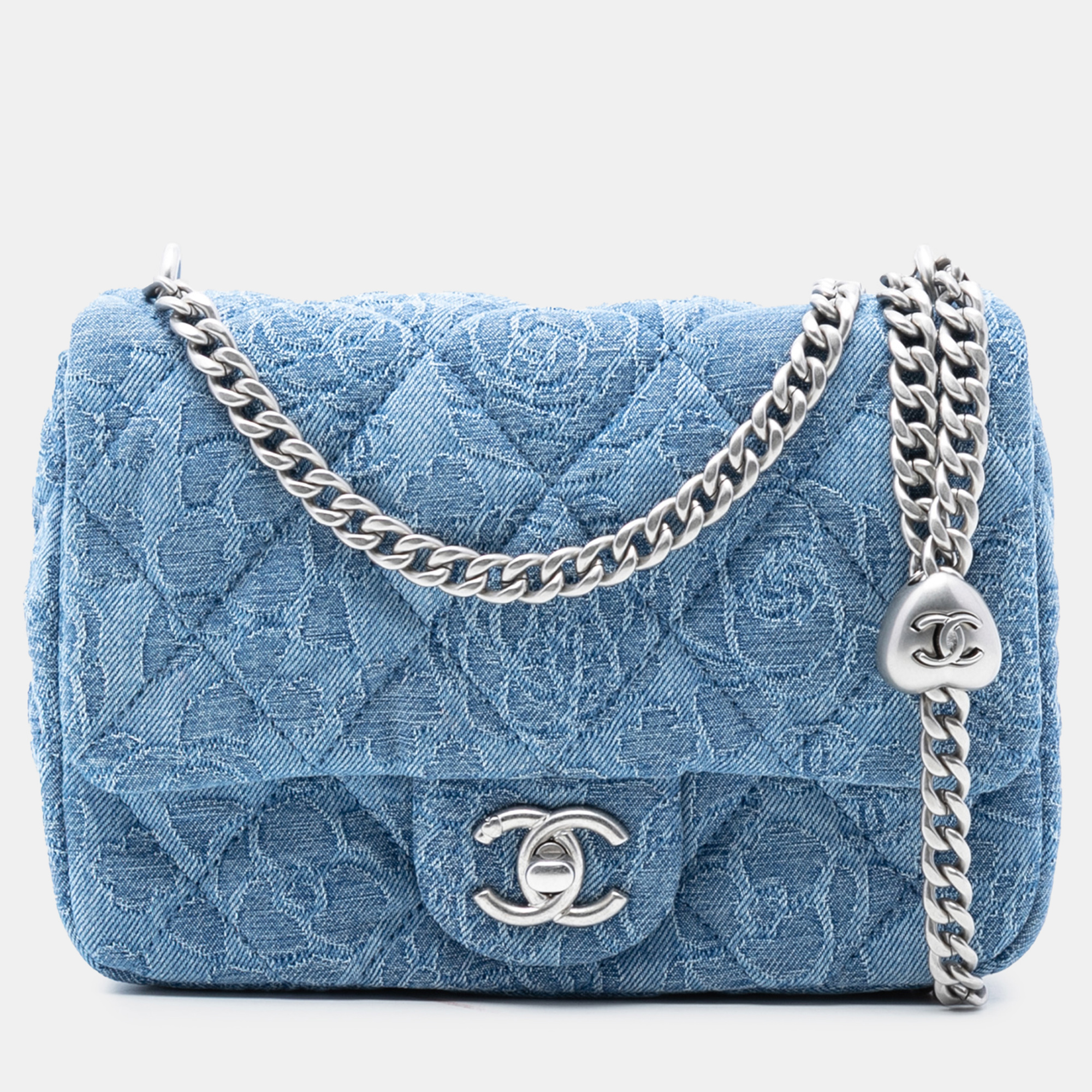 

Chanel Blue Mini Quilted Denim Camellia Sweetheart Flap