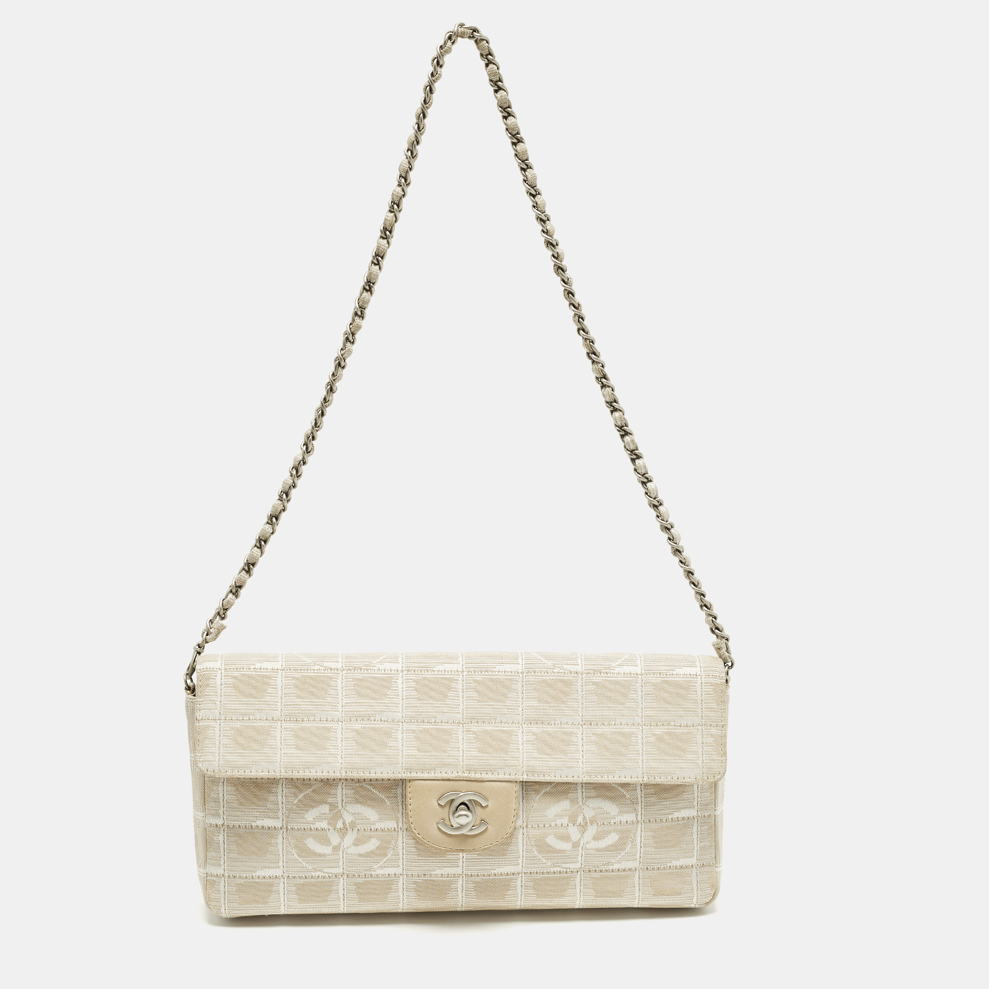 

Chanel East West Beige Chocolate Bar Quilted Nylon Flap Bag