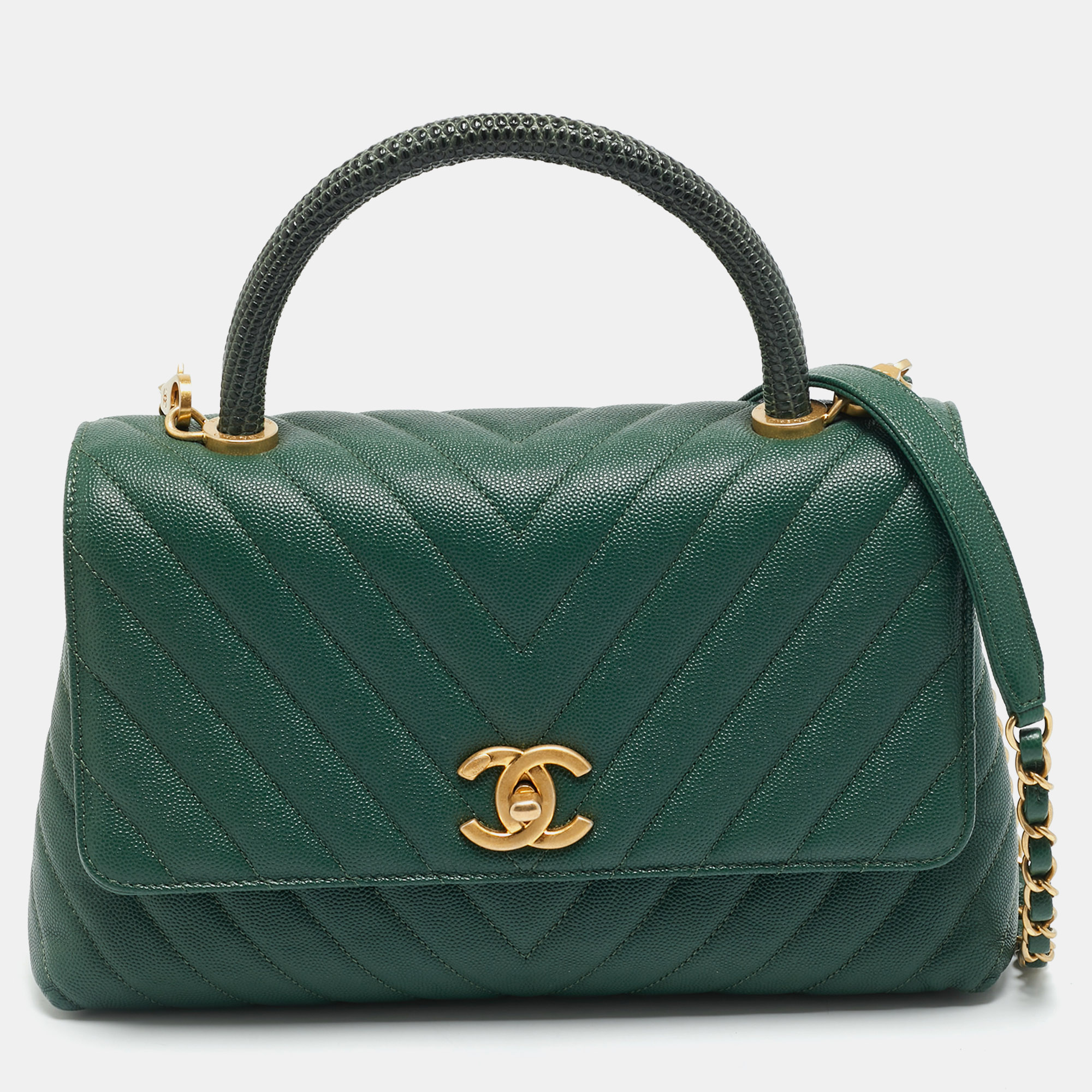 

Chanel Coco Small Green Chevron Caviar Leather and Lizard Top Handle Bag