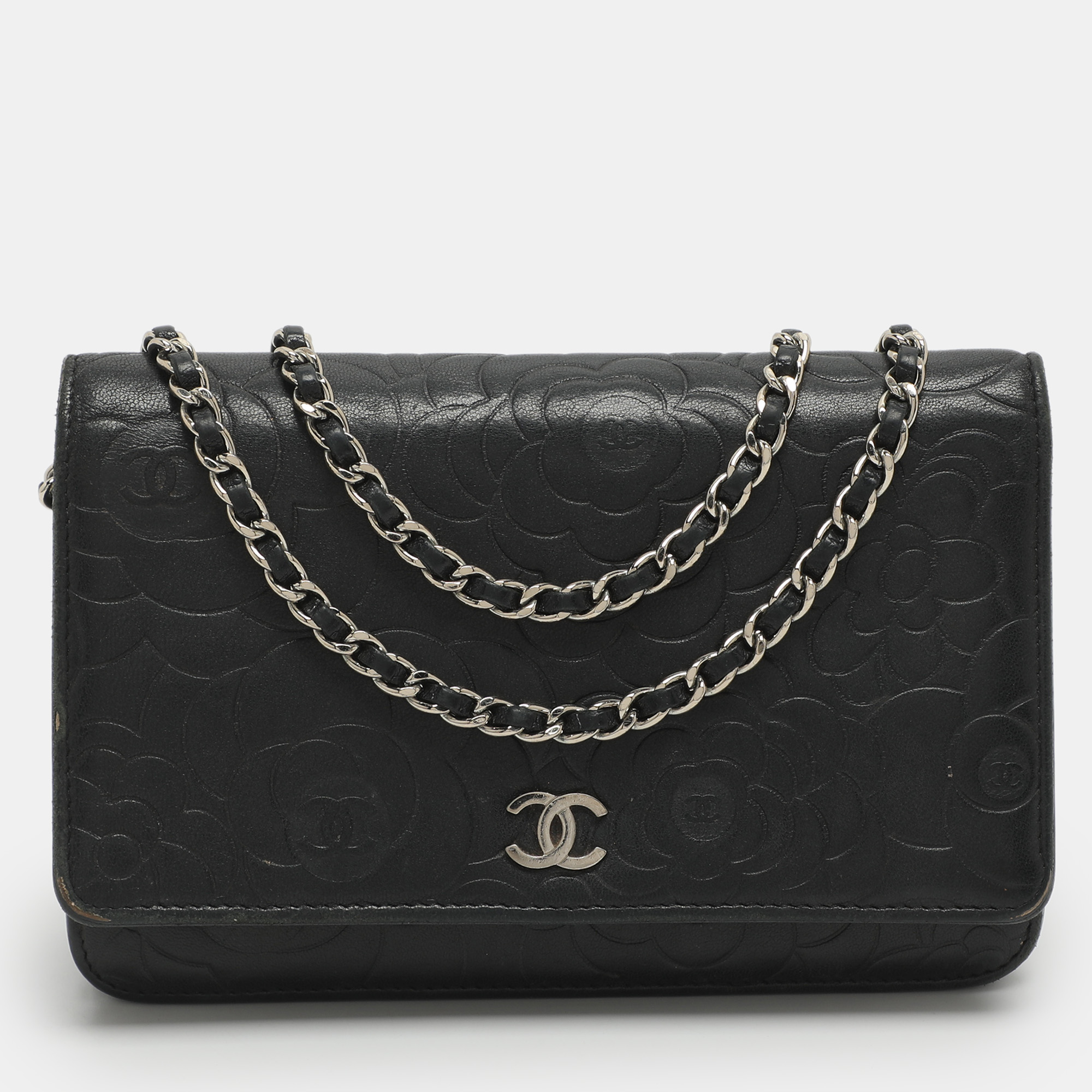 

Chanel WOC Black Camellia Embossed Leather Clutch Bag