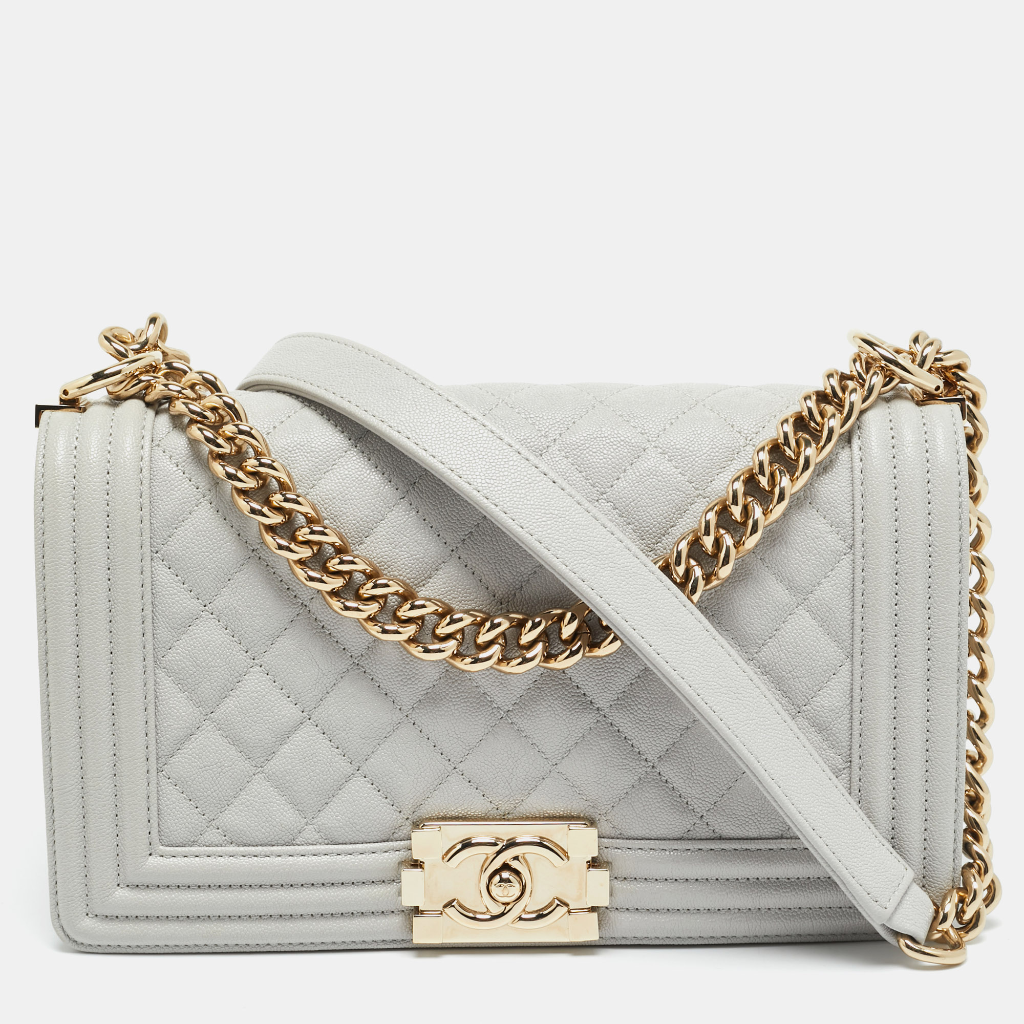 

Chanel Boy  Grey Quilted Caviar Leather Flap Bag