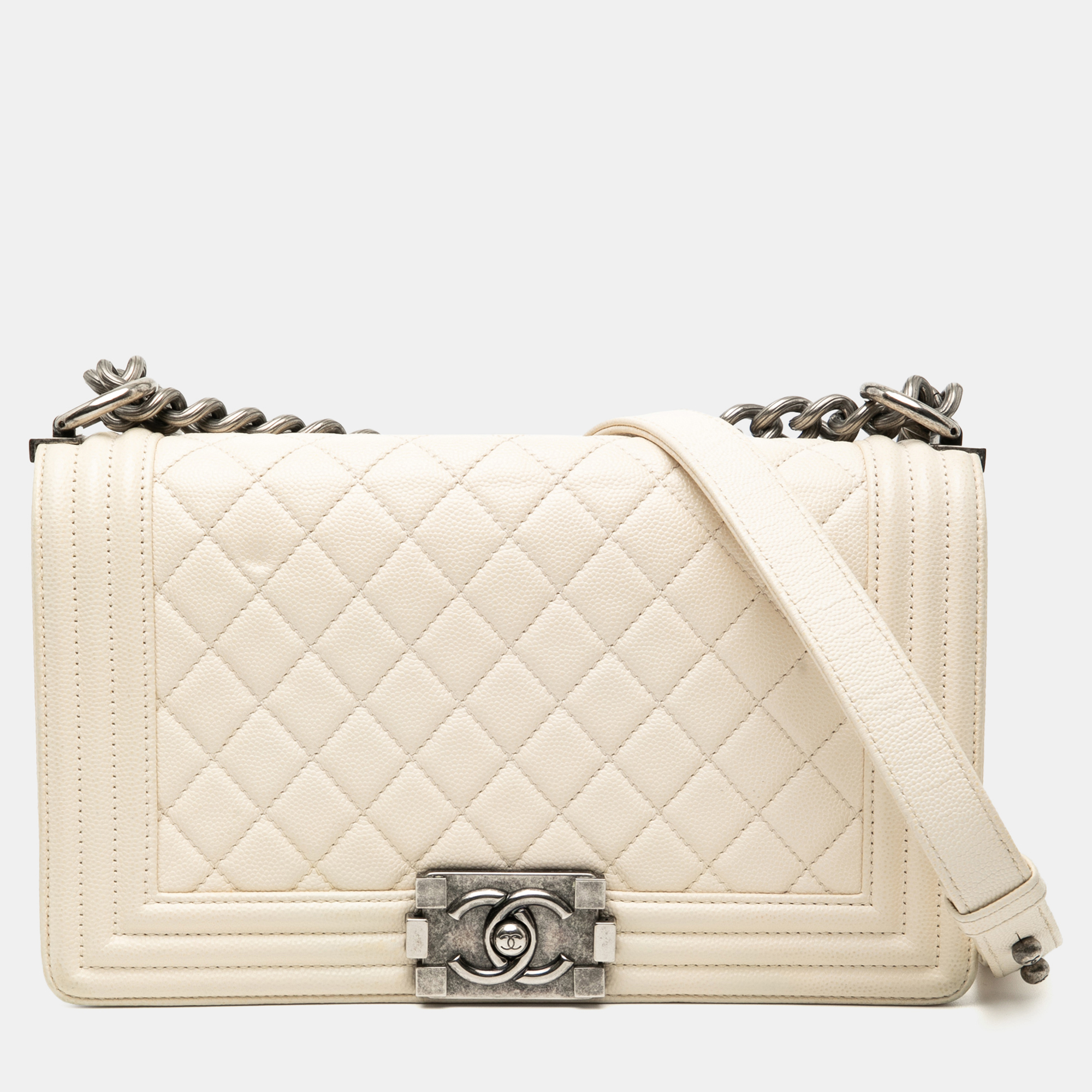 

Chanel White Old Medium Quilted Caviar Boy Flap