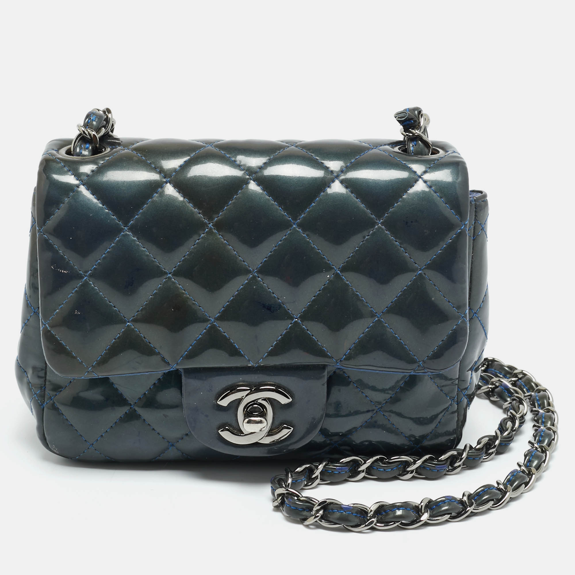 

Chanel Square Classic Single Flap Mini Dark Teal Quilted Patent Leather Bag, Green